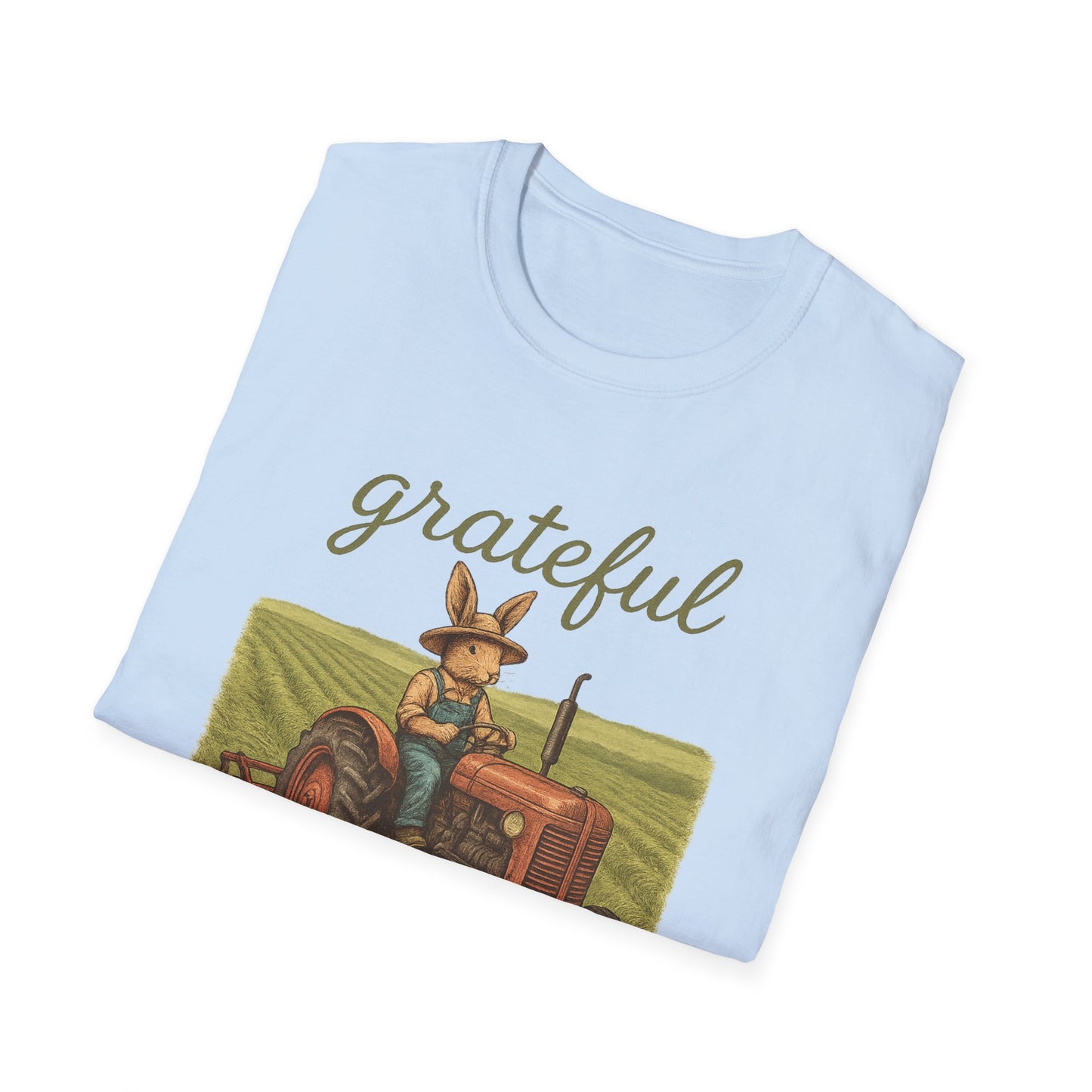 Grateful Acres Tractor Bunny Tee - Unisex Softstyle T-Shirt - Country Apparel - Farm Life Tee - Gift for Farmers & Rabbit Owners
