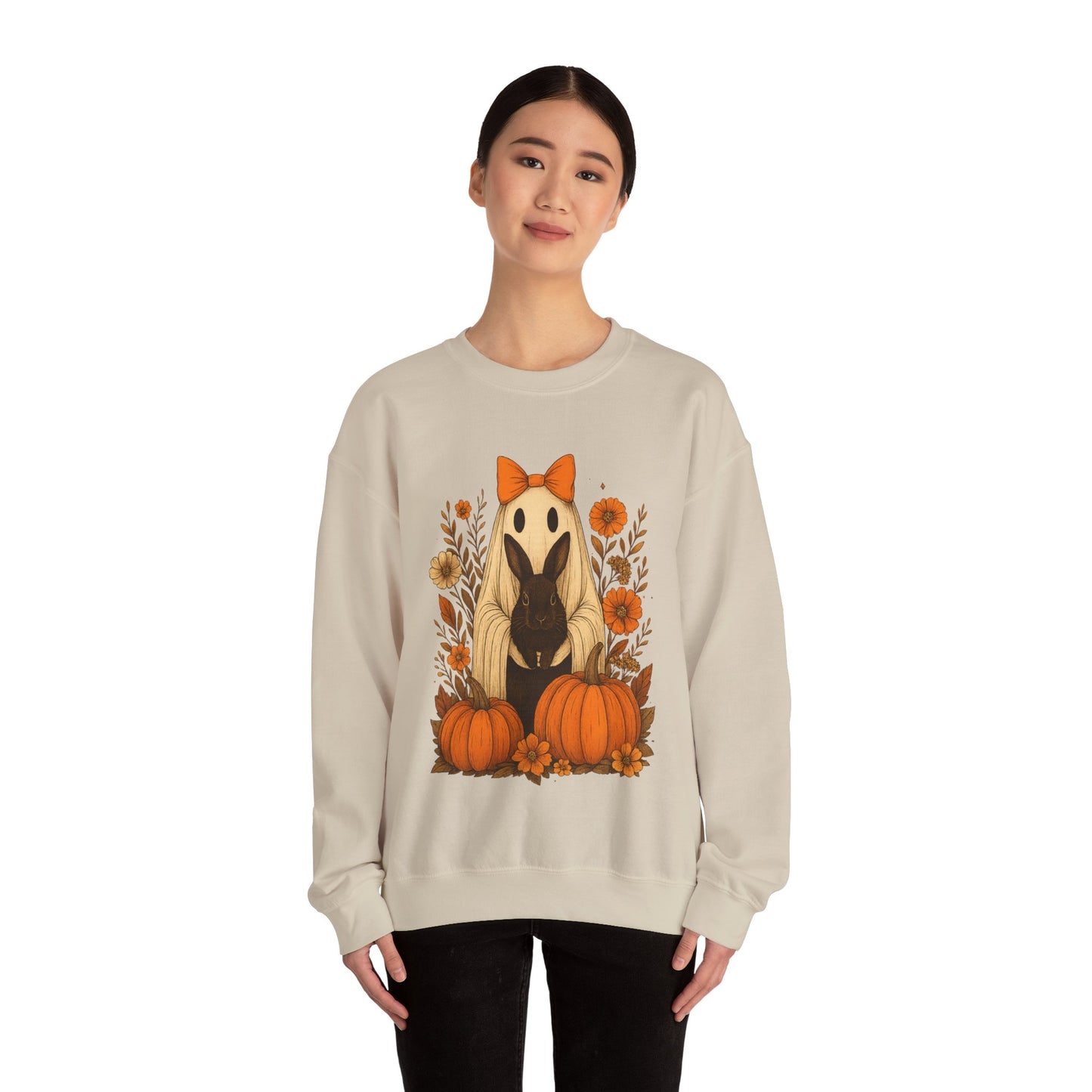 Vintage Black Rabbit with Pumpkins & Florals - Ghostly Garden Bunny Halloween Sweatshirt – Autumn Ghost Crewneck - Cozy Cute Gift