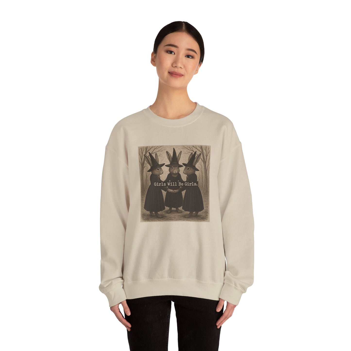 Girls Will Be Girls – Witchy Rabbit Crewneck Sweatshirt | Cozy Whimsical Rabbit Sweatshirt for Girls & Women - Halloween & Fall Collection