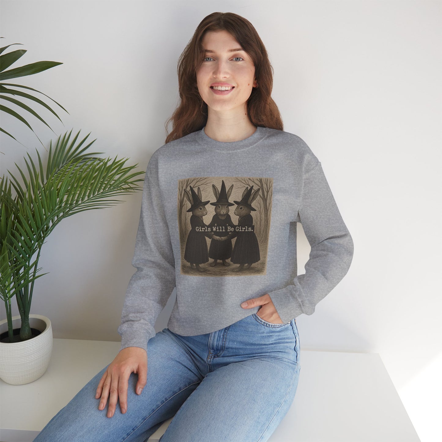 Girls Will Be Girls – Witchy Rabbit Crewneck Sweatshirt | Cozy Whimsical Rabbit Sweatshirt for Girls & Women - Halloween & Fall Collection