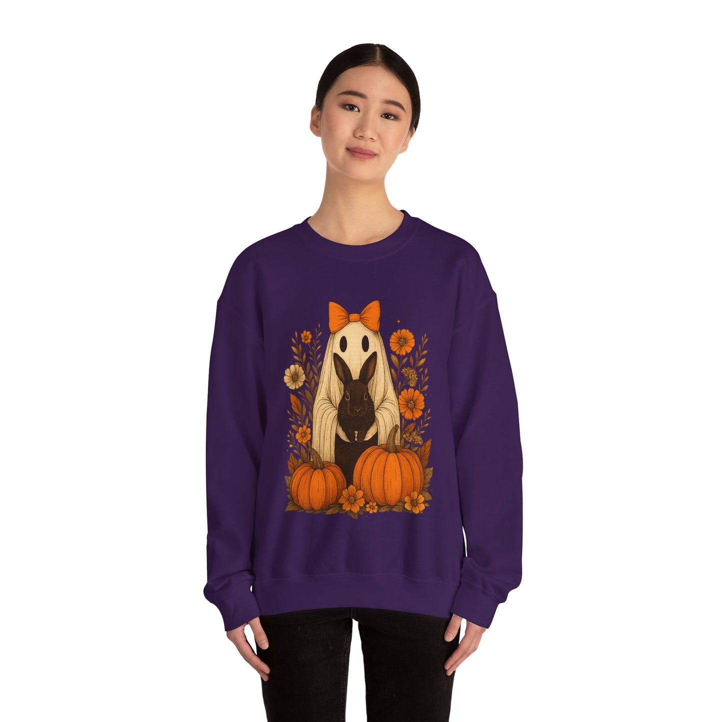 Vintage Black Rabbit with Pumpkins & Florals - Ghostly Garden Bunny Halloween Sweatshirt – Autumn Ghost Crewneck - Cozy Cute Gift