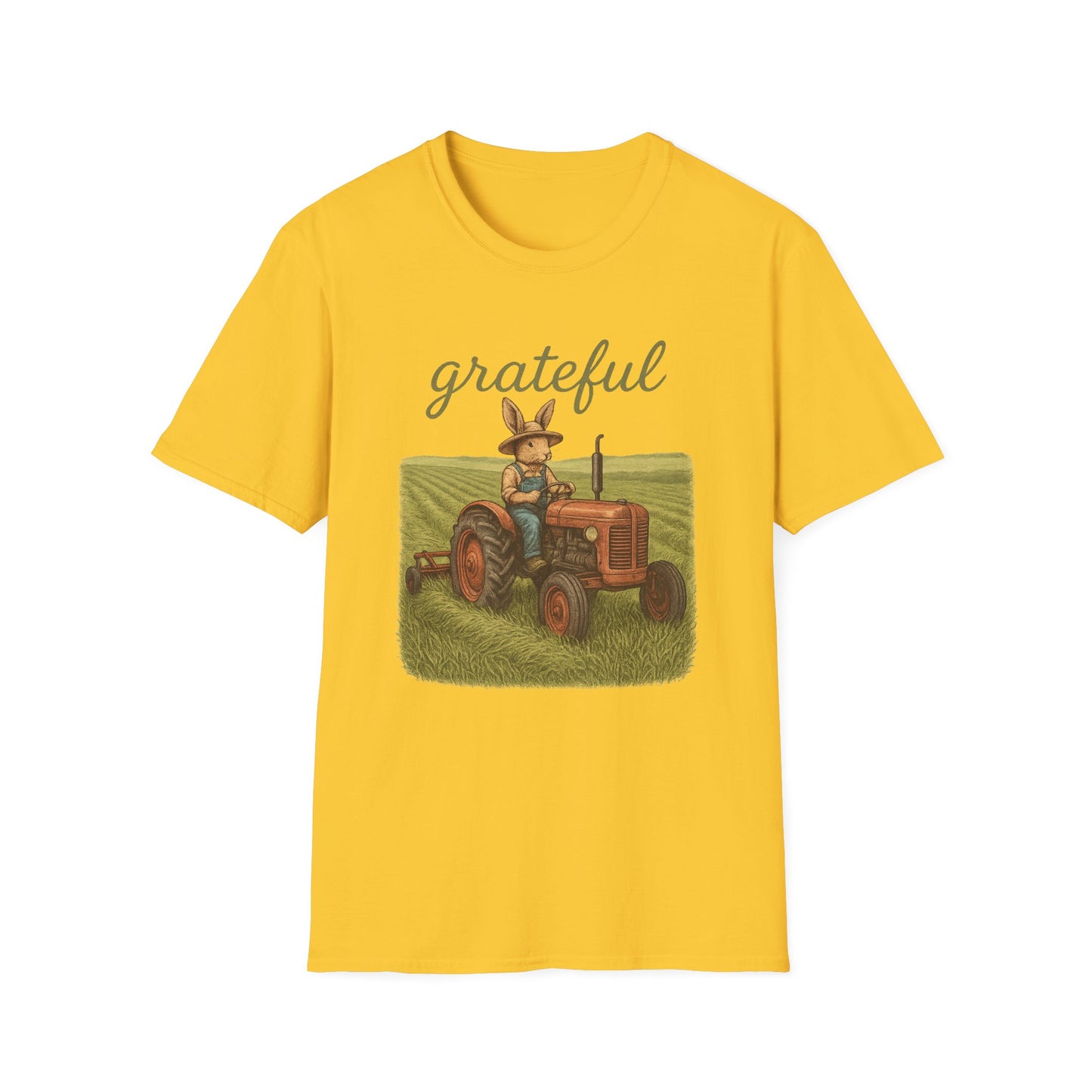 Grateful Acres Tractor Bunny Tee - Unisex Softstyle T-Shirt - Country Apparel - Farm Life Tee - Gift for Farmers & Rabbit Owners