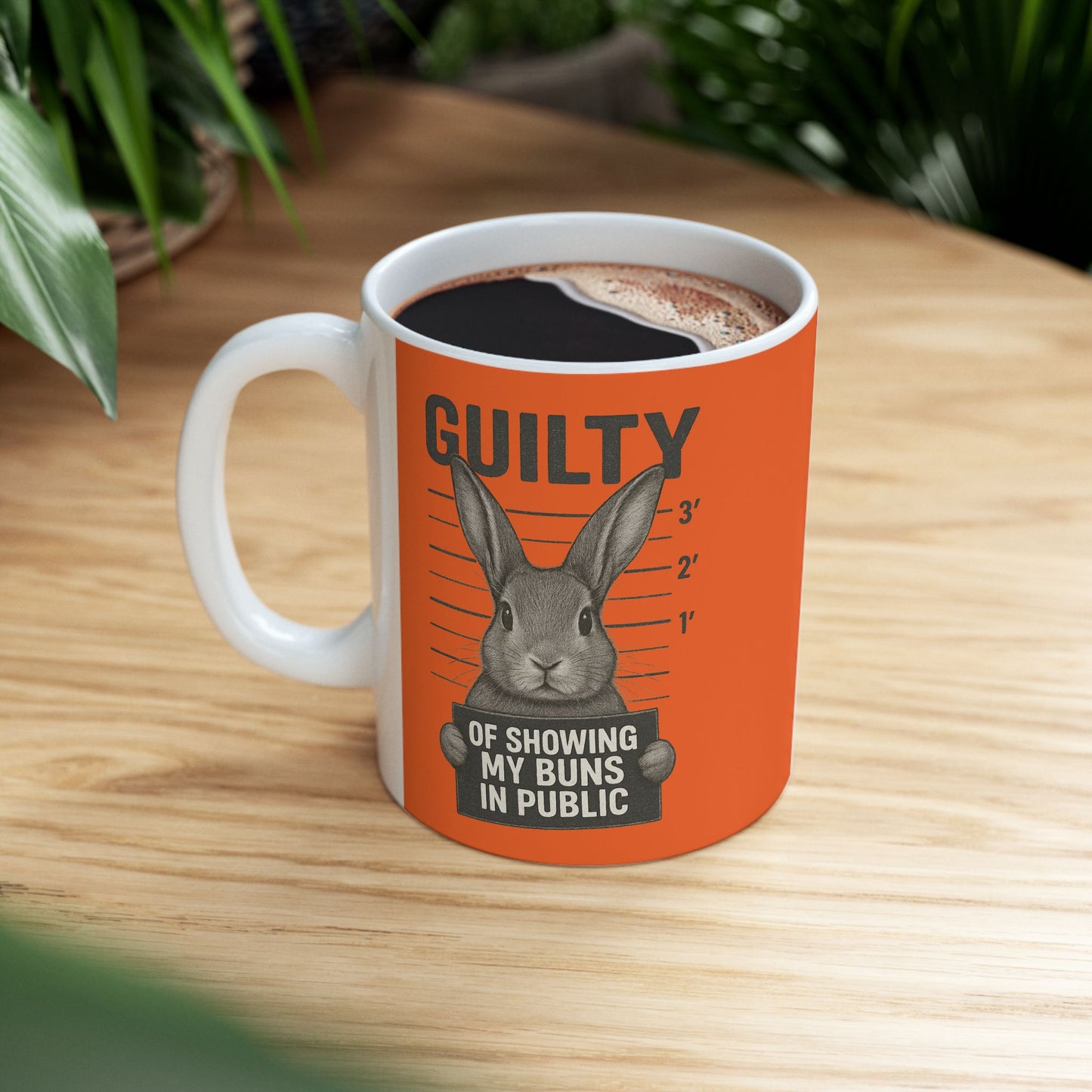 Guilty of Showing My Buns in Public with Orange Background Ceramic Mug - Gift for Coffee Lovers & Rabbit Show Exhibitors - Two Sizes: 11 oz & 15 oz