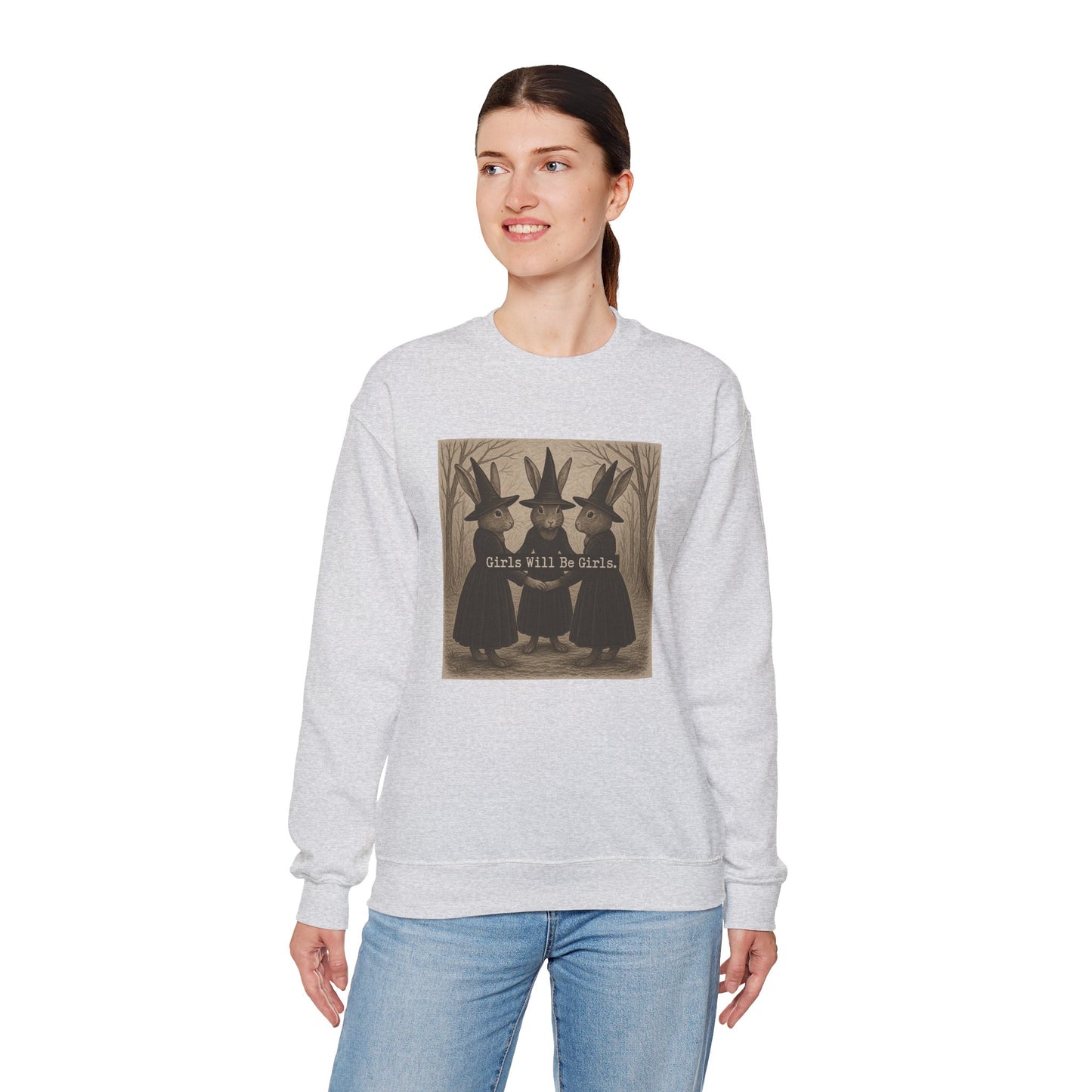 Girls Will Be Girls – Witchy Rabbit Crewneck Sweatshirt | Cozy Whimsical Rabbit Sweatshirt for Girls & Women - Halloween & Fall Collection