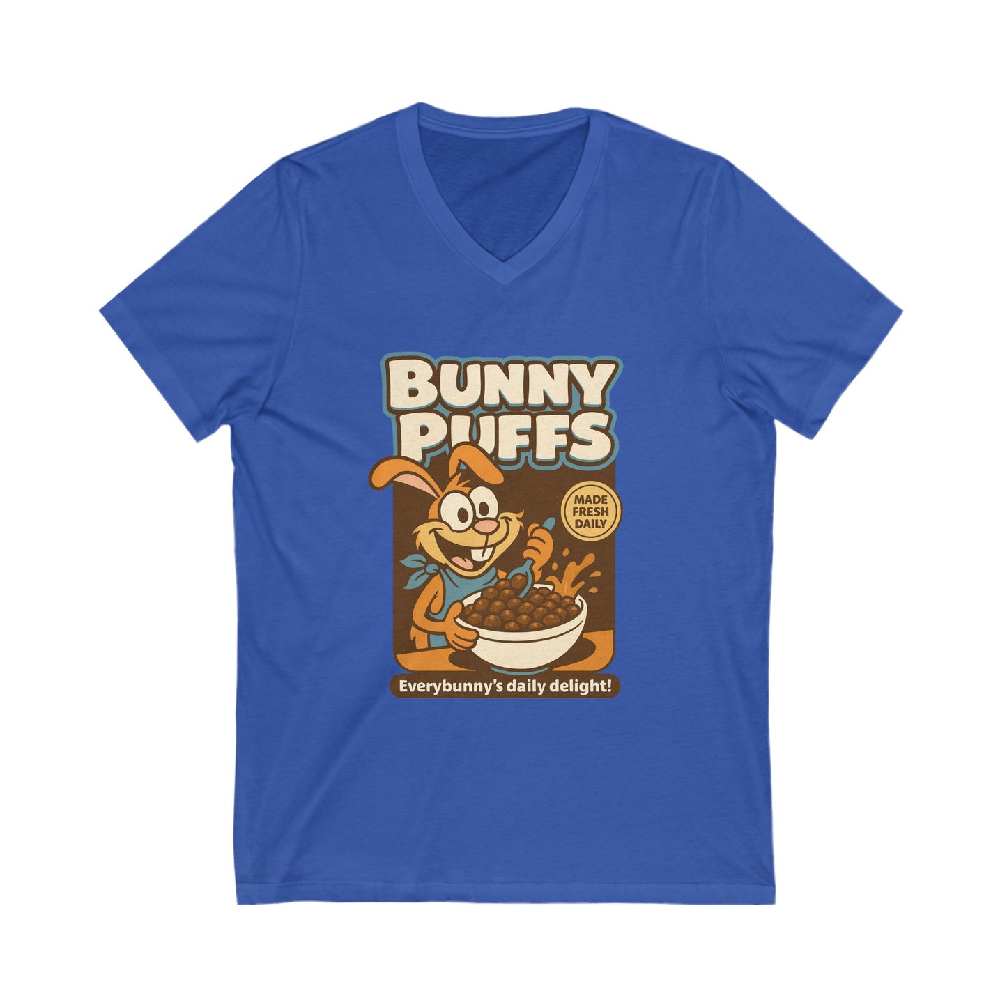 Bunny Puffs Cereal Parody | Retro Rabbit V-Neck Tee - Funny Unisex T-Shirt - Vintage Style Shirt - Gift Idea