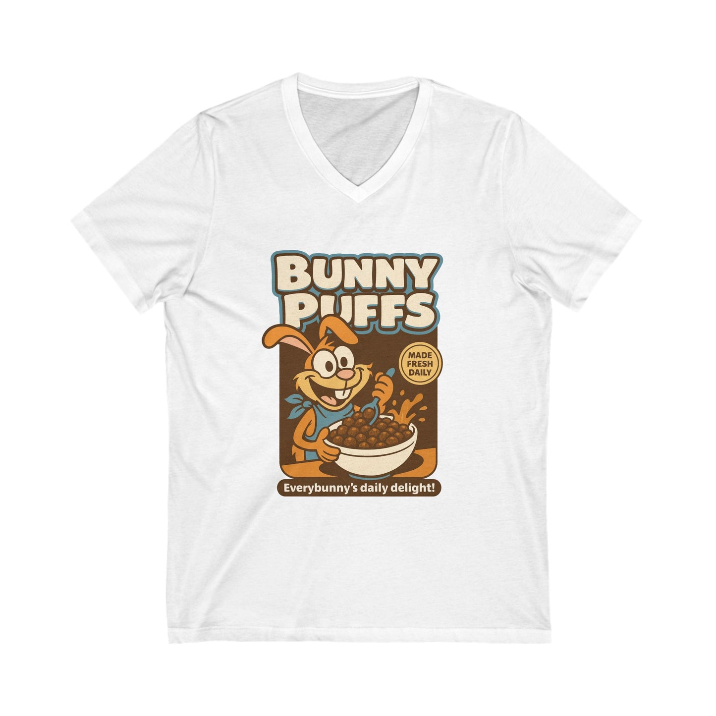 Bunny Puffs Cereal Parody | Retro Rabbit V-Neck Tee - Funny Unisex T-Shirt - Vintage Style Shirt - Gift Idea