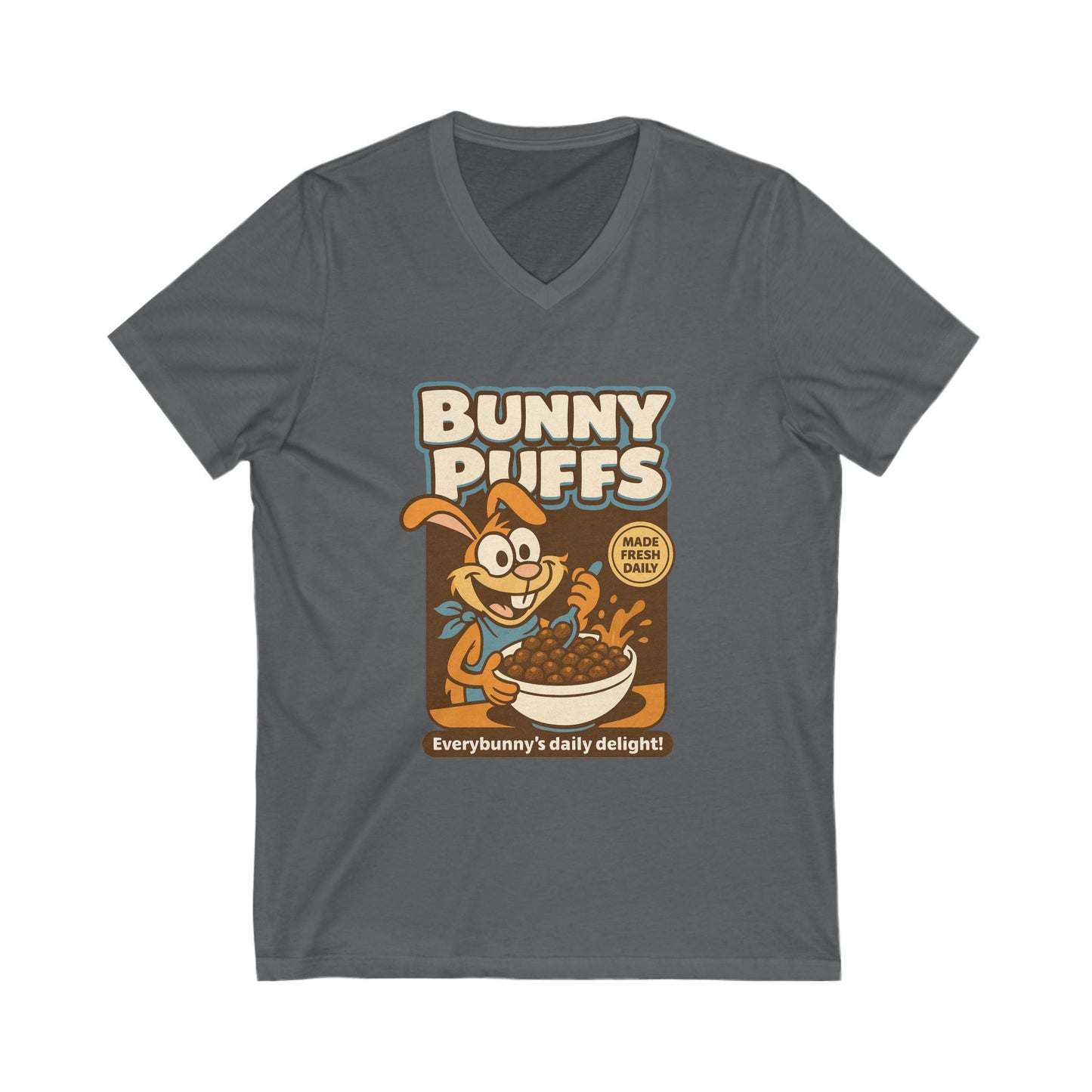 Bunny Puffs Cereal Parody | Retro Rabbit V-Neck Tee - Funny Unisex T-Shirt - Vintage Style Shirt - Gift Idea