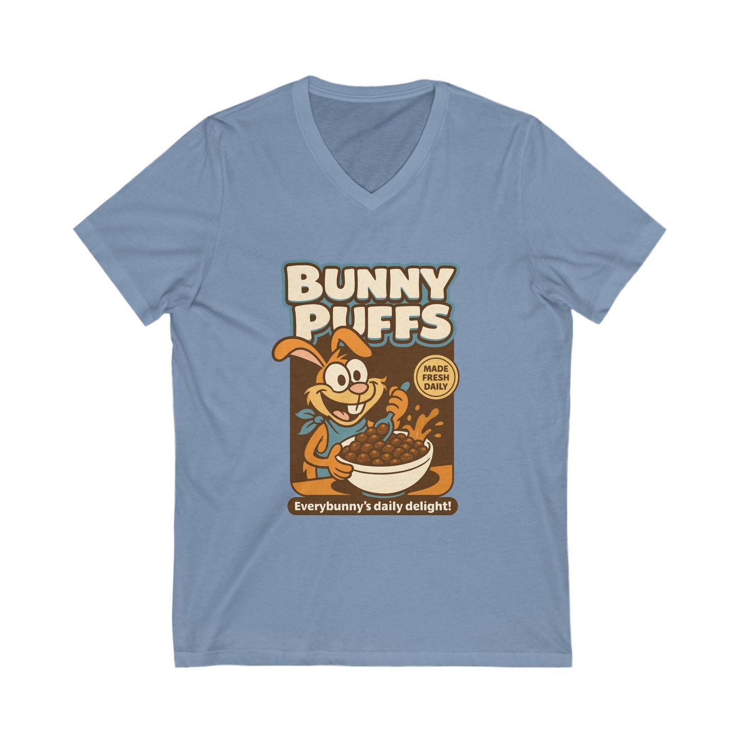 Bunny Puffs Cereal Parody | Retro Rabbit V-Neck Tee - Funny Unisex T-Shirt - Vintage Style Shirt - Gift Idea