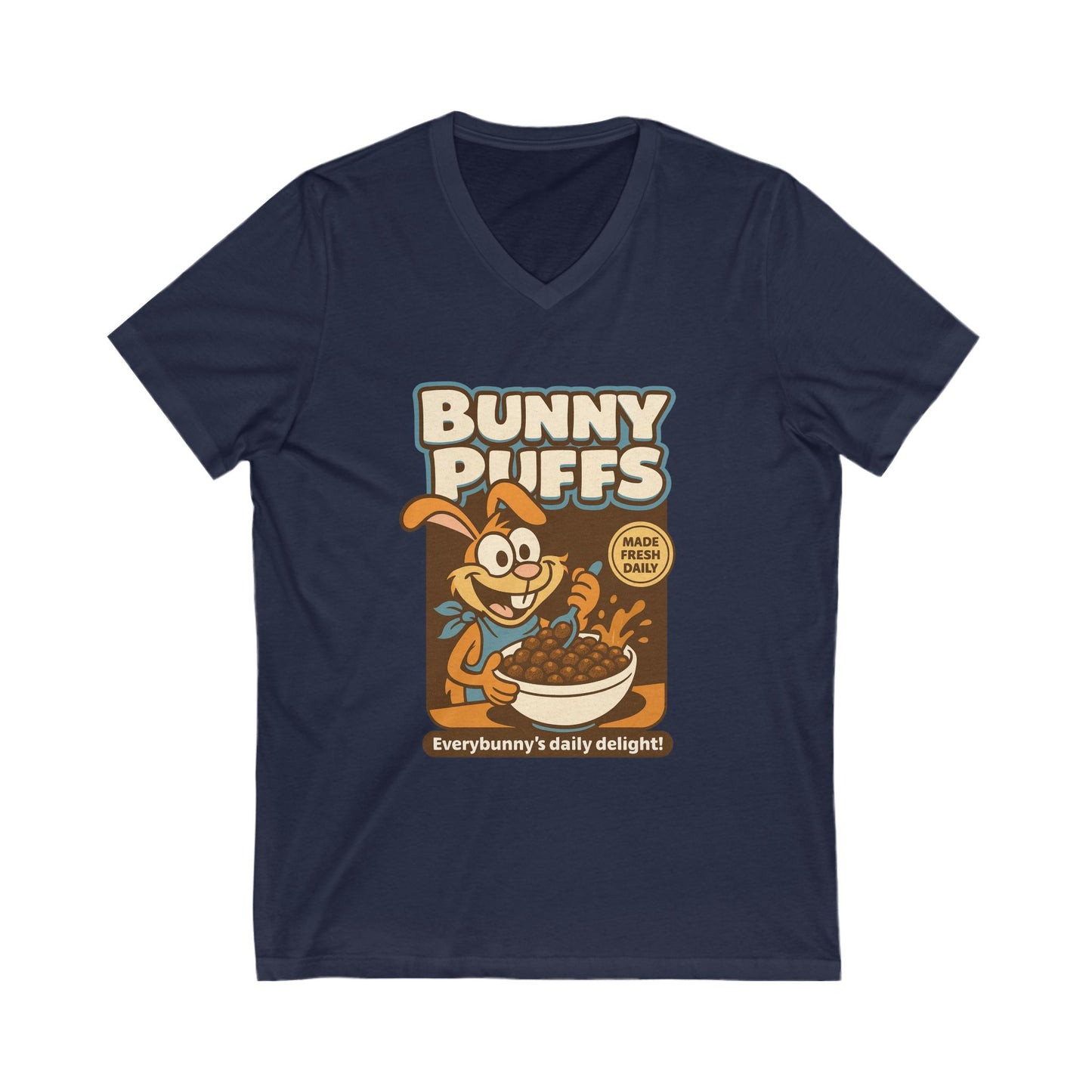 Bunny Puffs Cereal Parody | Retro Rabbit V-Neck Tee - Funny Unisex T-Shirt - Vintage Style Shirt - Gift Idea