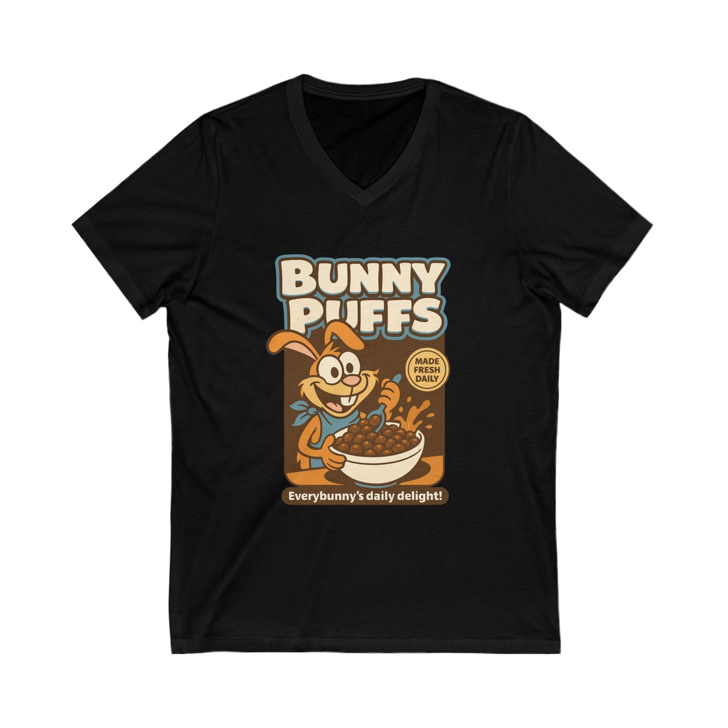 Bunny Puffs Cereal Parody | Retro Rabbit V-Neck Tee - Funny Unisex T-Shirt - Vintage Style Shirt - Gift Idea
