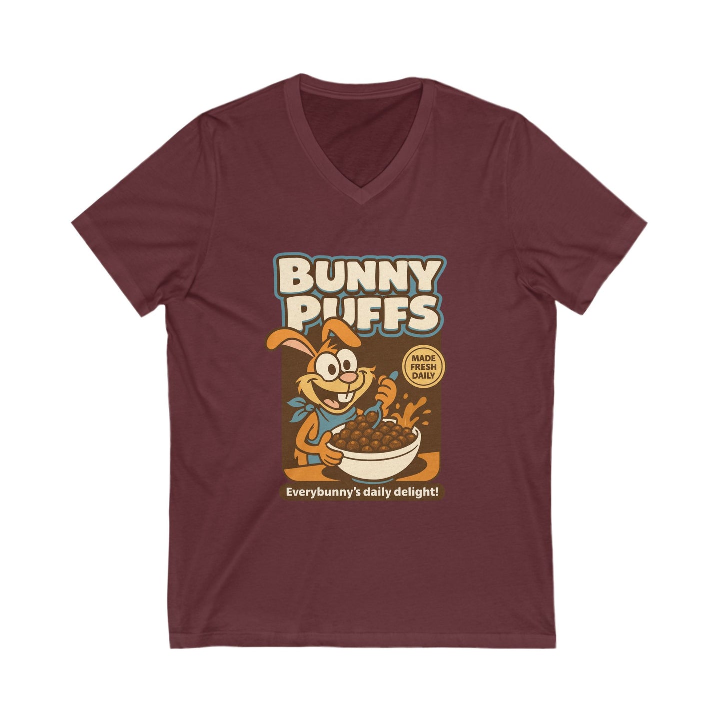 Bunny Puffs Cereal Parody | Retro Rabbit V-Neck Tee - Funny Unisex T-Shirt - Vintage Style Shirt - Gift Idea