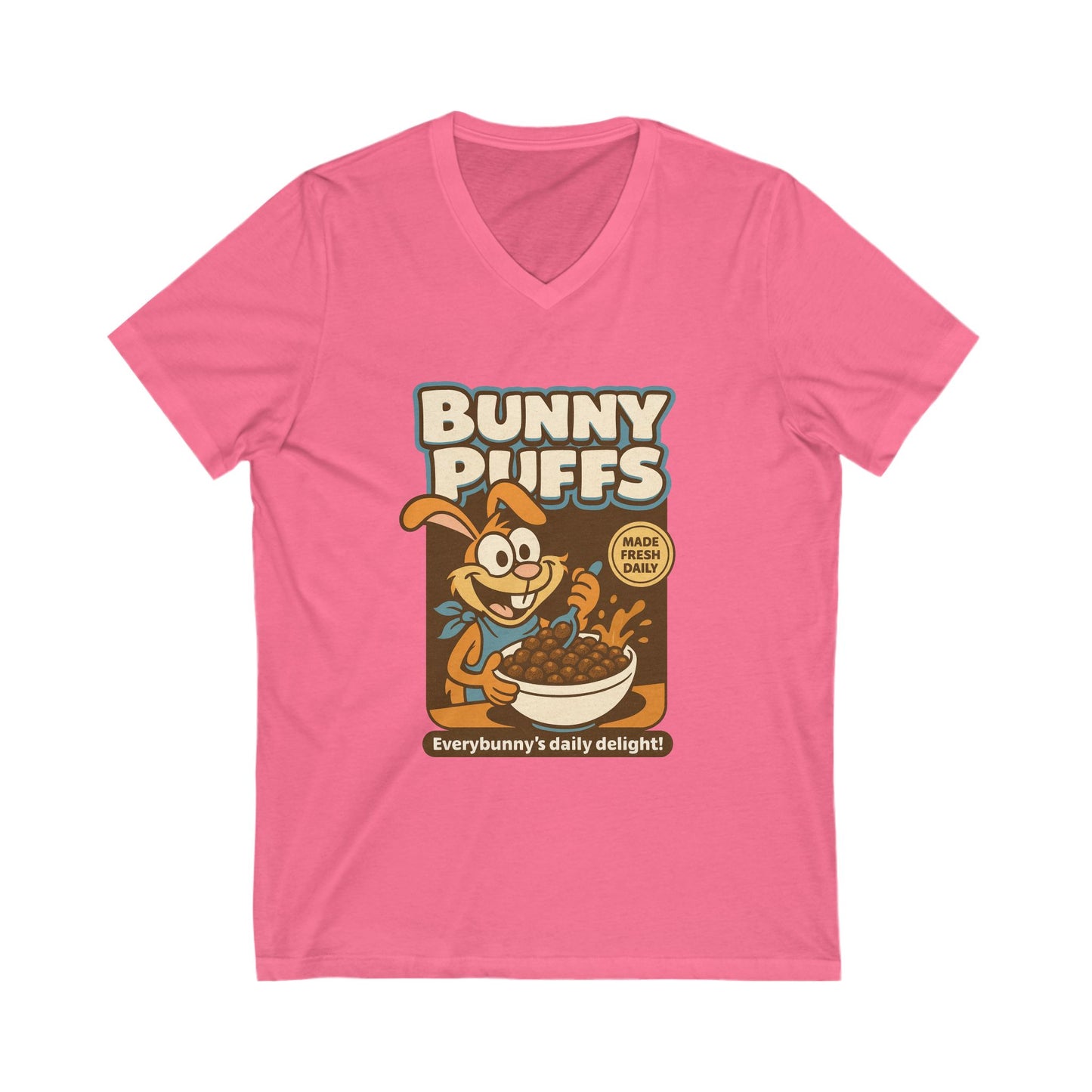 Bunny Puffs Cereal Parody | Retro Rabbit V-Neck Tee - Funny Unisex T-Shirt - Vintage Style Shirt - Gift Idea