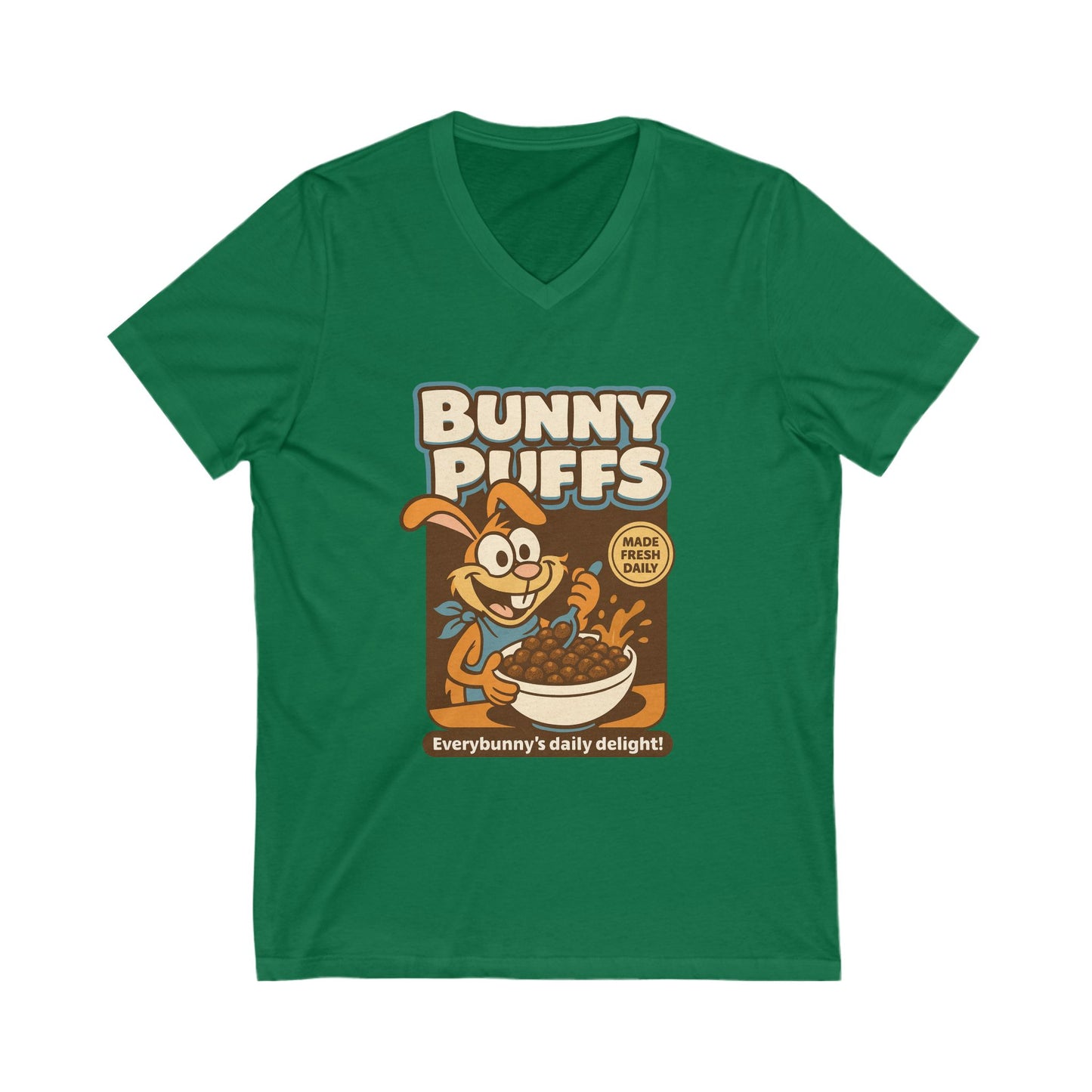Bunny Puffs Cereal Parody | Retro Rabbit V-Neck Tee - Funny Unisex T-Shirt - Vintage Style Shirt - Gift Idea