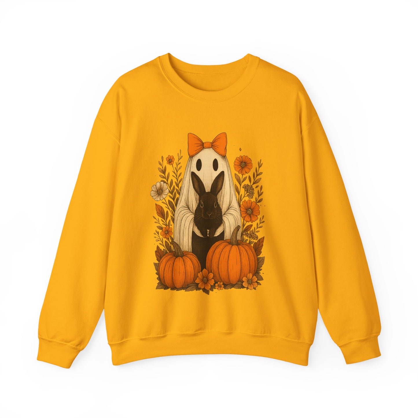 Vintage Black Rabbit with Pumpkins & Florals - Ghostly Garden Bunny Halloween Sweatshirt – Autumn Ghost Crewneck - Cozy Cute Gift