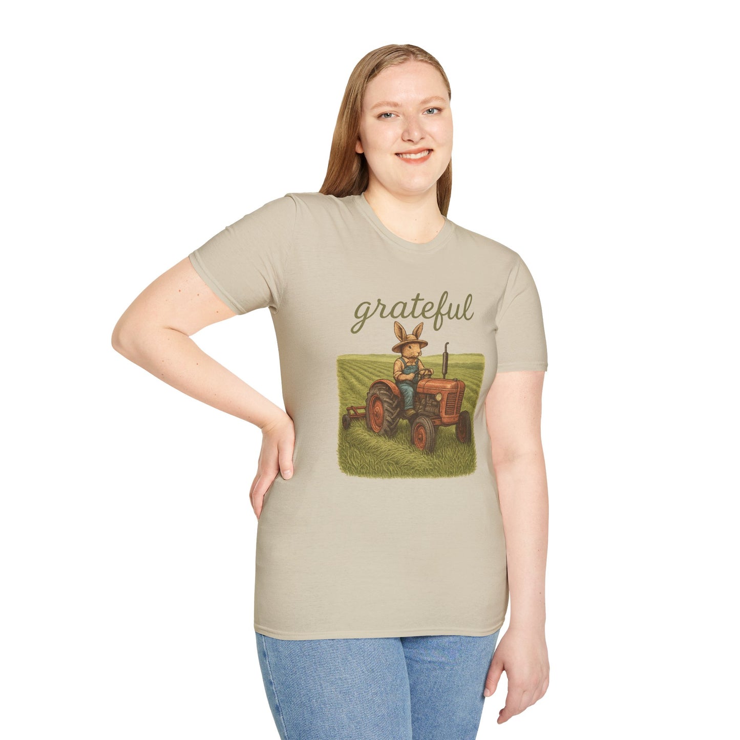 Grateful Acres Tractor Bunny Tee - Unisex Softstyle T-Shirt - Country Apparel - Farm Life Tee - Gift for Farmers & Rabbit Owners