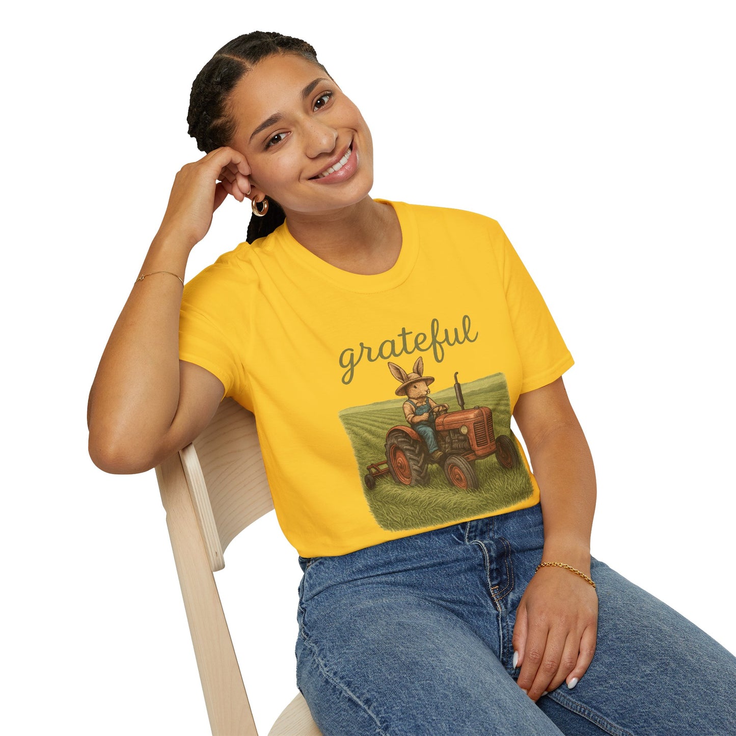 Grateful Acres Tractor Bunny Tee - Unisex Softstyle T-Shirt - Country Apparel - Farm Life Tee - Gift for Farmers & Rabbit Owners
