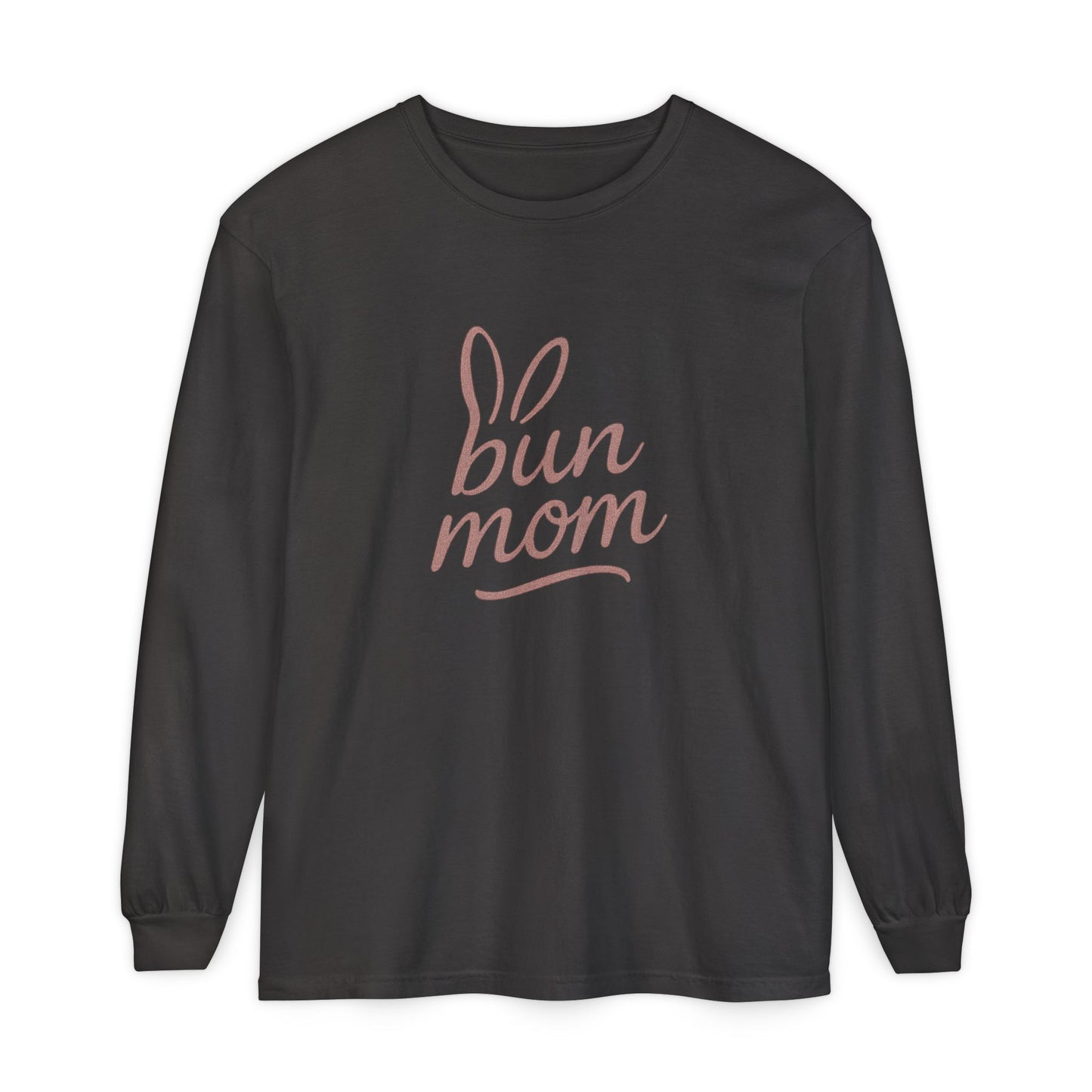 Bun Mom Long Sleeve T-Shirt | Rabbit Ears Vintage Dusty Rose Ink Script Tee - Bunny Lovers Gift Idea