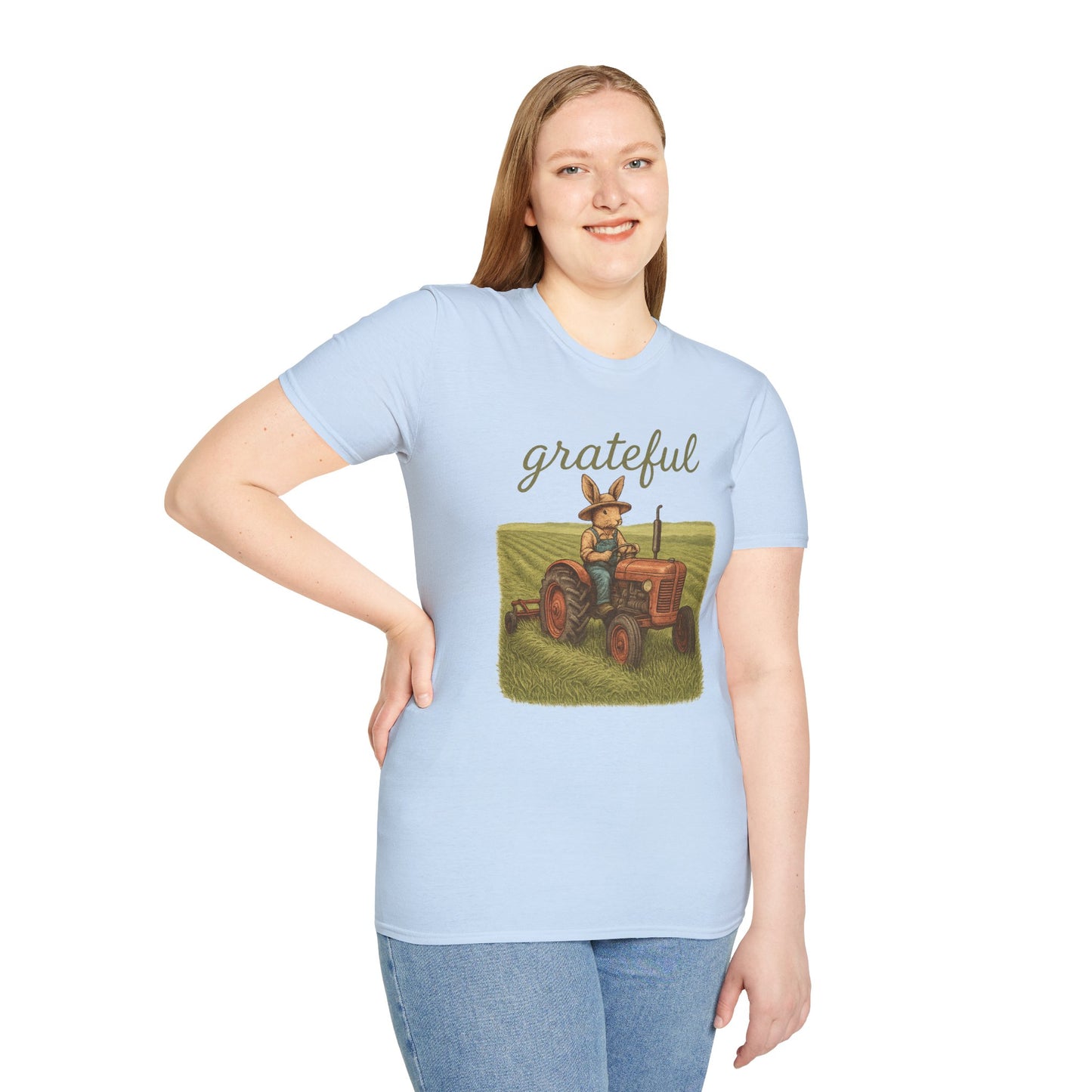 Grateful Acres Tractor Bunny Tee - Unisex Softstyle T-Shirt - Country Apparel - Farm Life Tee - Gift for Farmers & Rabbit Owners