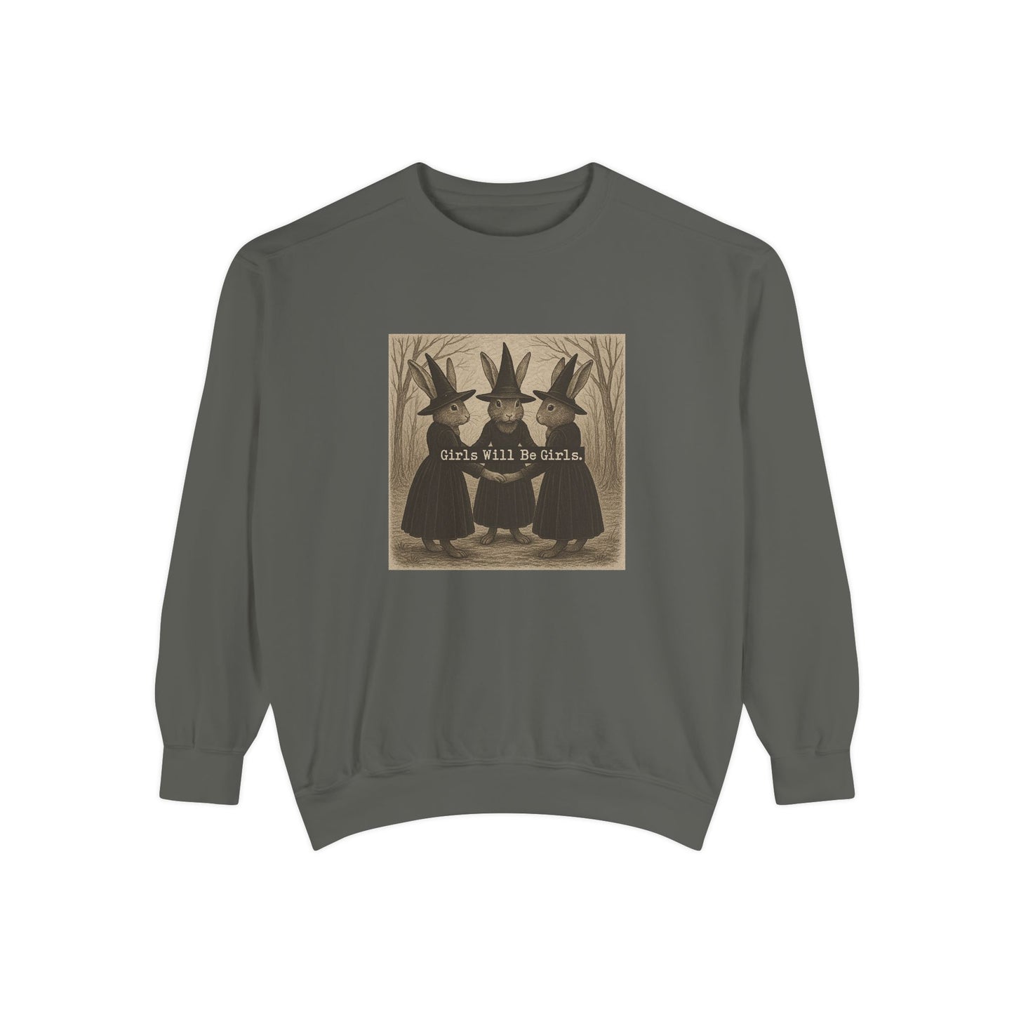 Girls Will Be Girls Rabbit Witch Circle – Garment-Dyed Bunny Sweatshirt | Halloween & Fall Collection