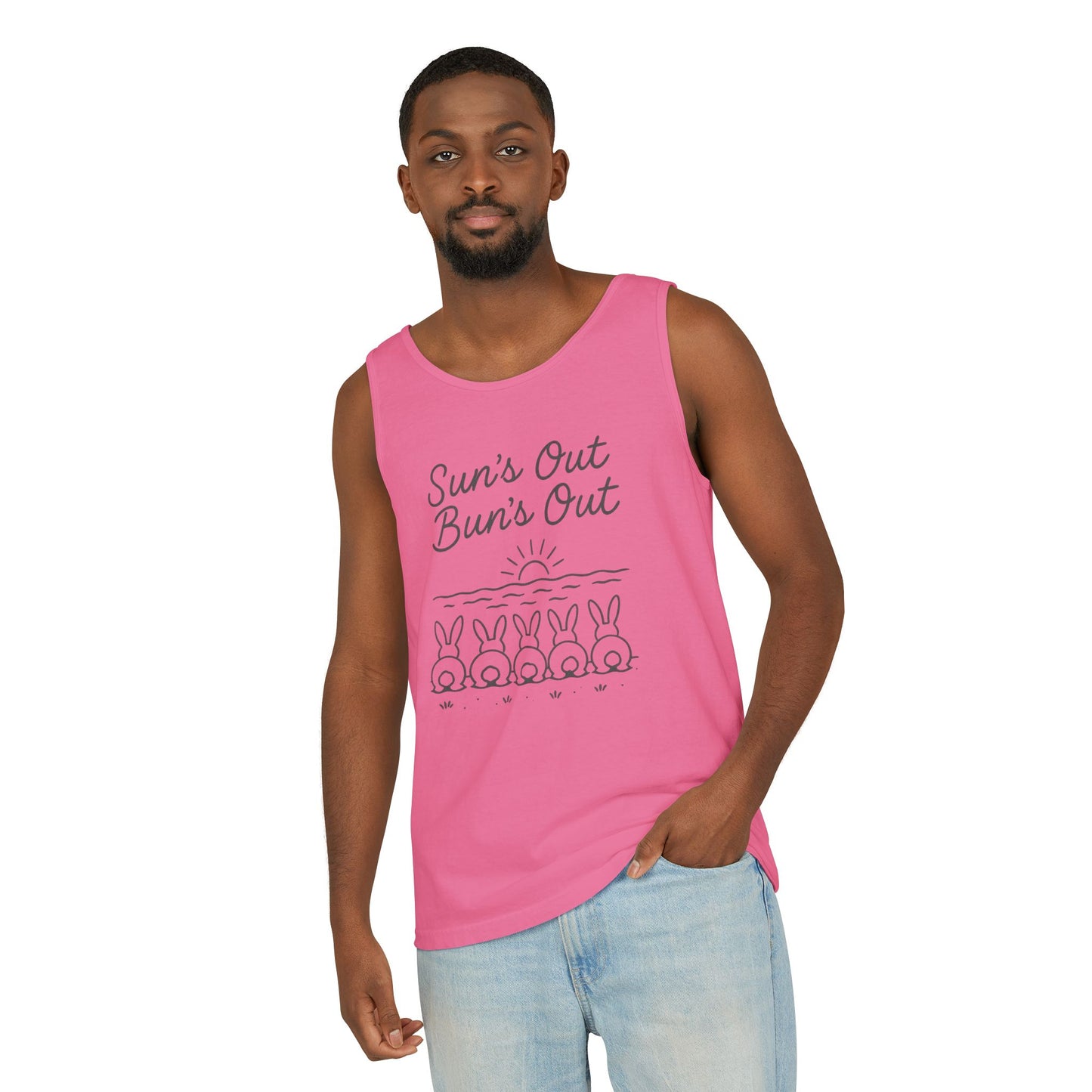 Sun's Out, Bun’s Out Tank Top – Funny Bunny Bums Summer Tee - Unisex Garment-Dyed | Beach Vibes - Vacation Apparel