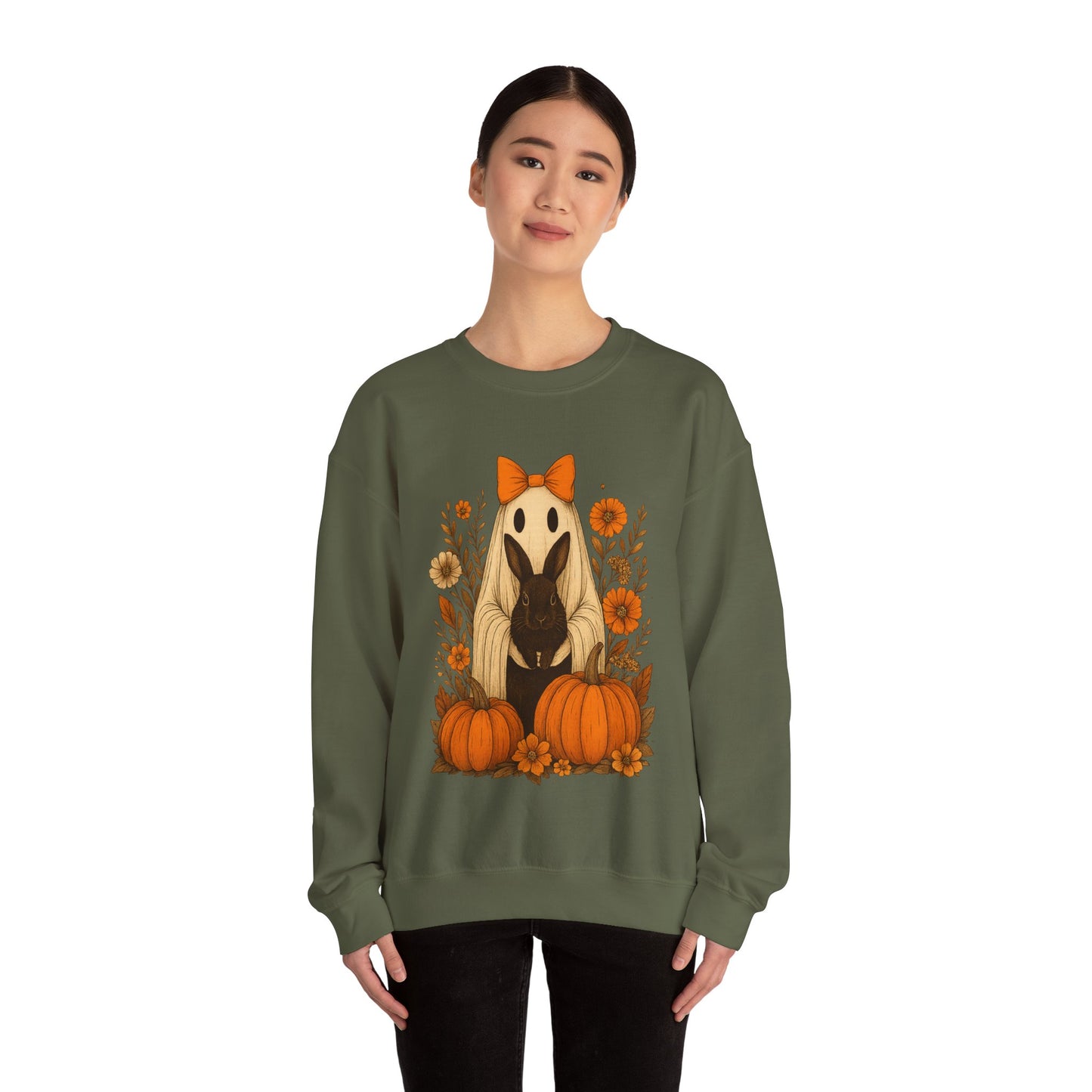 Vintage Black Rabbit with Pumpkins & Florals - Ghostly Garden Bunny Halloween Sweatshirt – Autumn Ghost Crewneck - Cozy Cute Gift