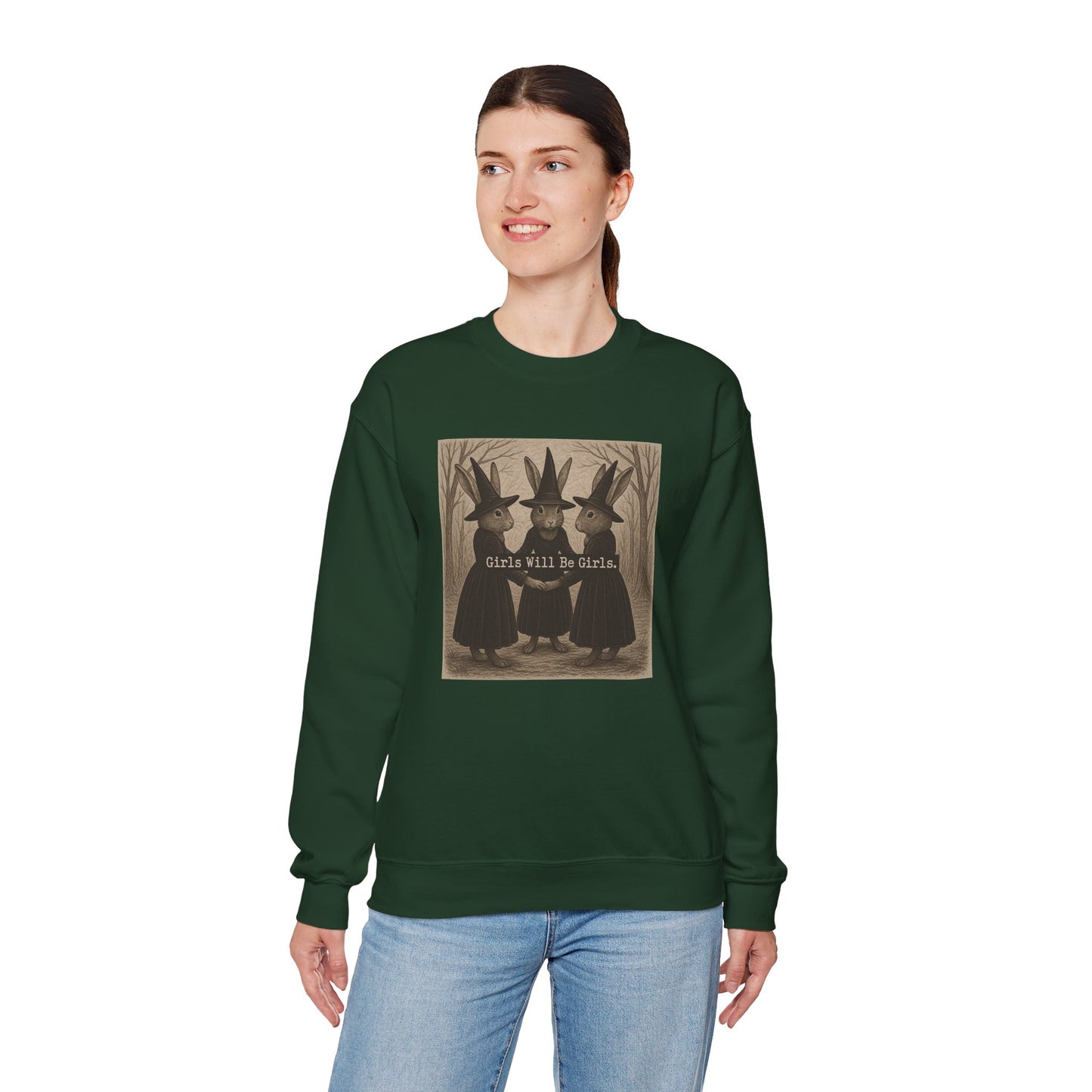 Girls Will Be Girls – Witchy Rabbit Crewneck Sweatshirt | Cozy Whimsical Rabbit Sweatshirt for Girls & Women - Halloween & Fall Collection