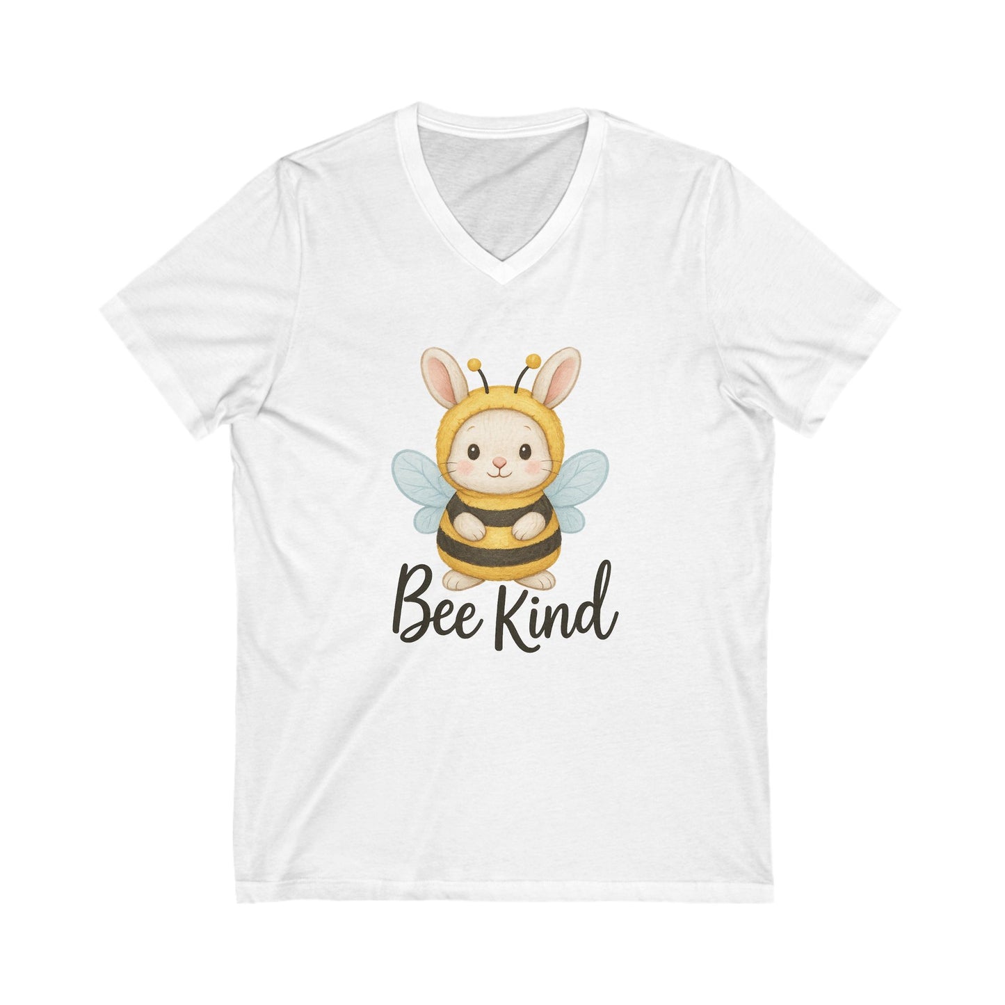 Bee Kind Bunny V-Neck T-Shirt – Sweet Rabbit in Bumblebee Costume - Unisex Jersey Short Sleeve V-Neck Tee