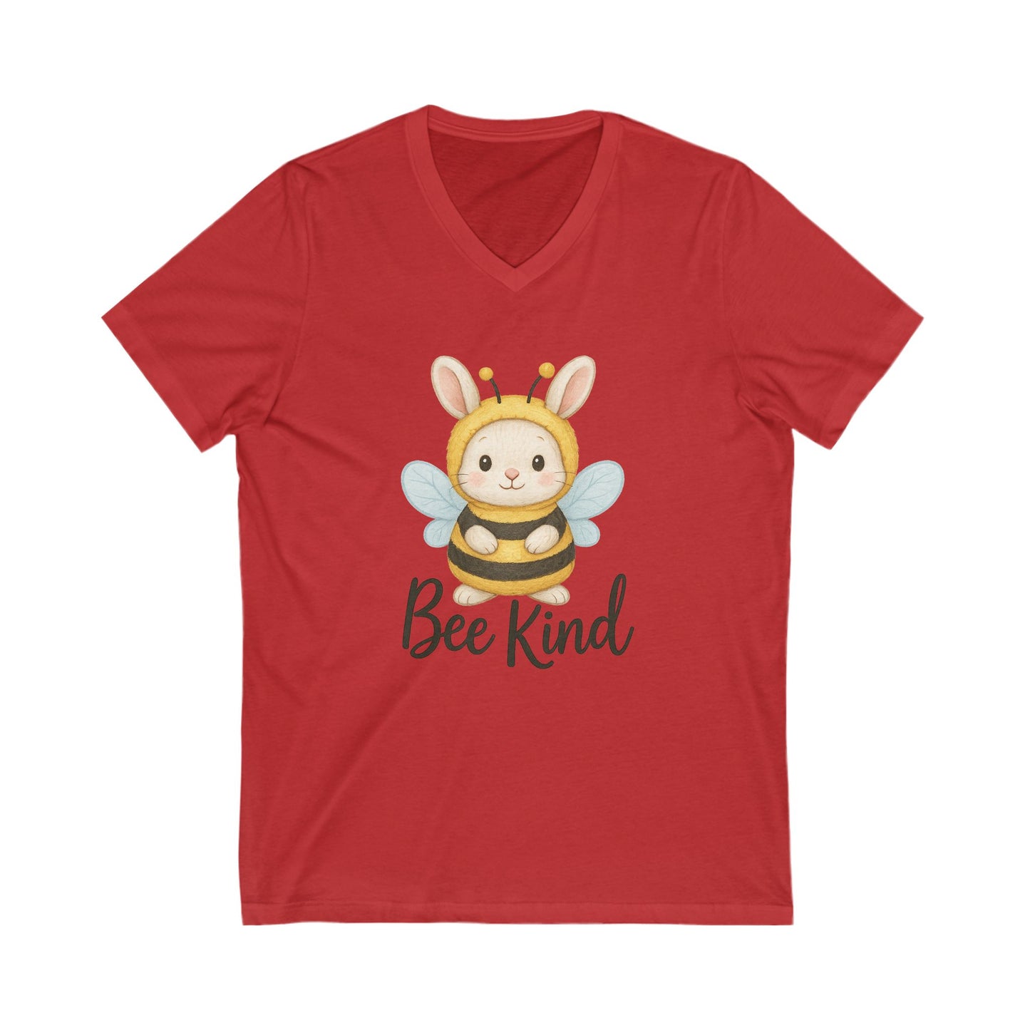 Bee Kind Bunny V-Neck T-Shirt – Sweet Rabbit in Bumblebee Costume - Unisex Jersey Short Sleeve V-Neck Tee