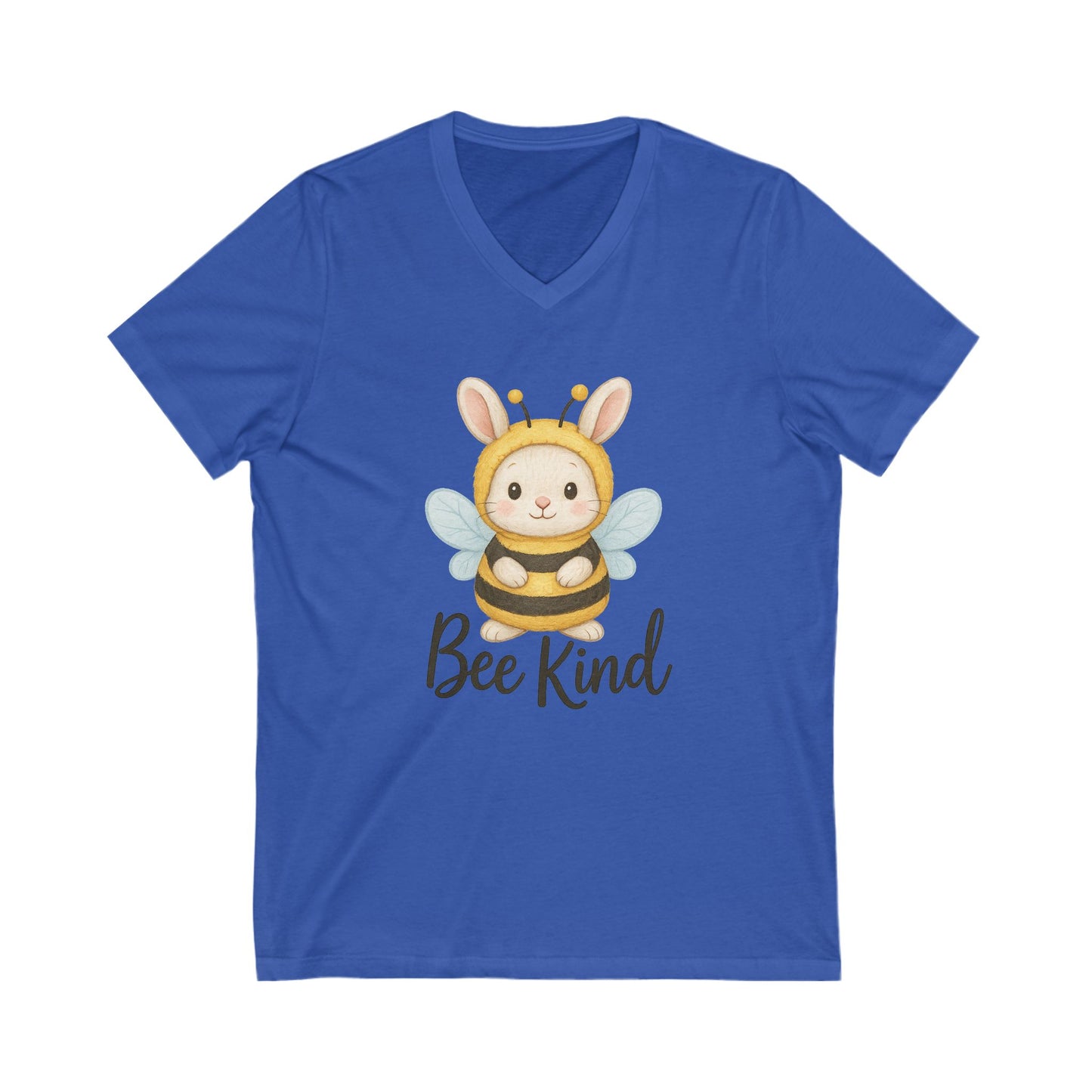 Bee Kind Bunny V-Neck T-Shirt – Sweet Rabbit in Bumblebee Costume - Unisex Jersey Short Sleeve V-Neck Tee