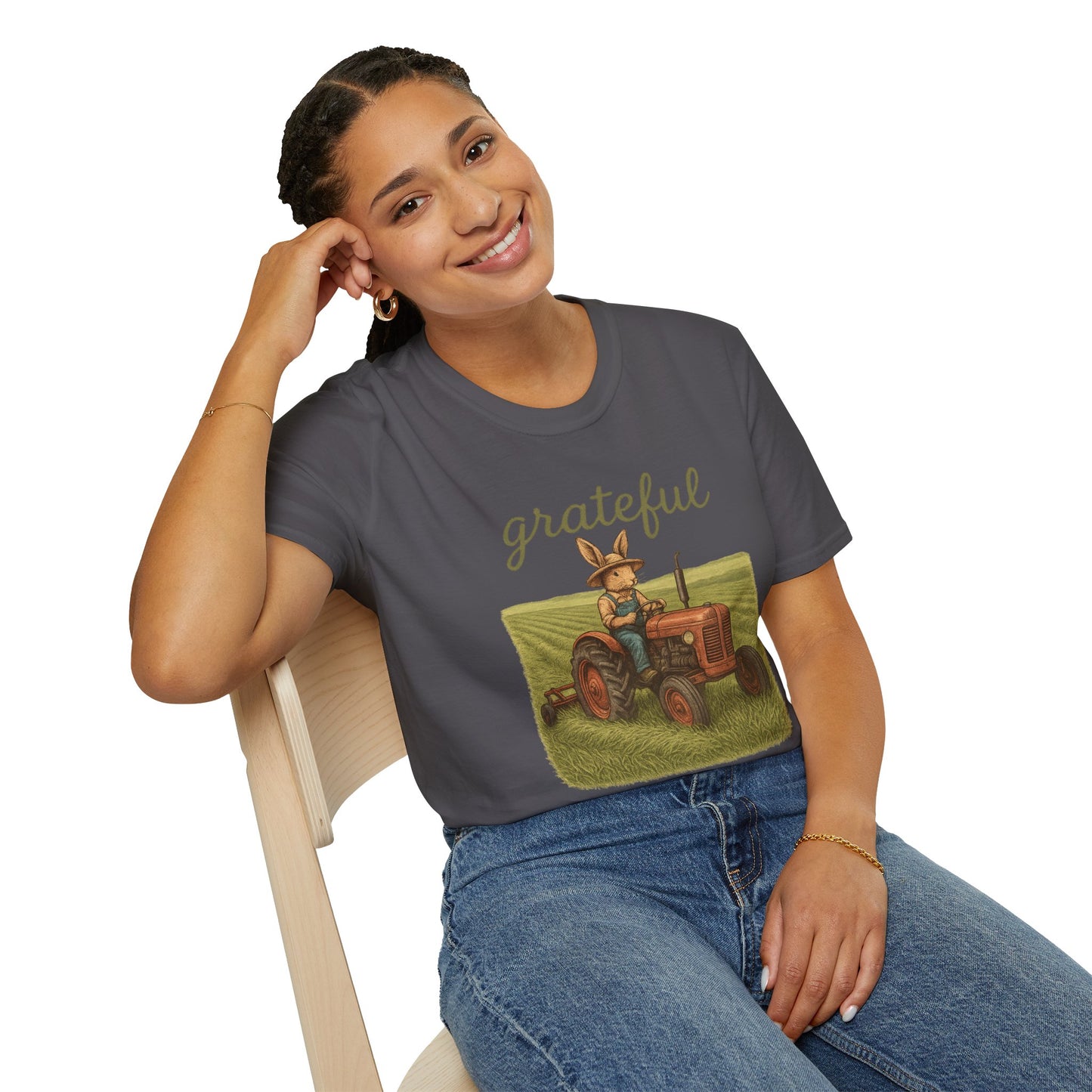 Grateful Acres Tractor Bunny Tee - Unisex Softstyle T-Shirt - Country Apparel - Farm Life Tee - Gift for Farmers & Rabbit Owners