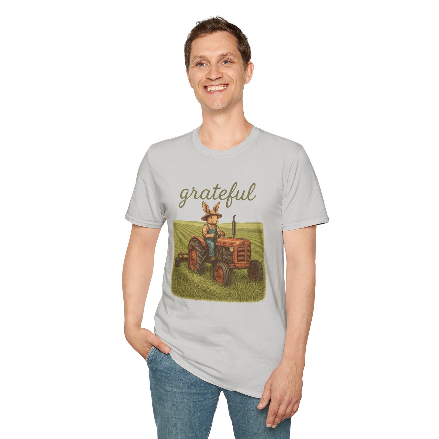 Grateful Acres Tractor Bunny Tee - Unisex Softstyle T-Shirt - Country Apparel - Farm Life Tee - Gift for Farmers & Rabbit Owners