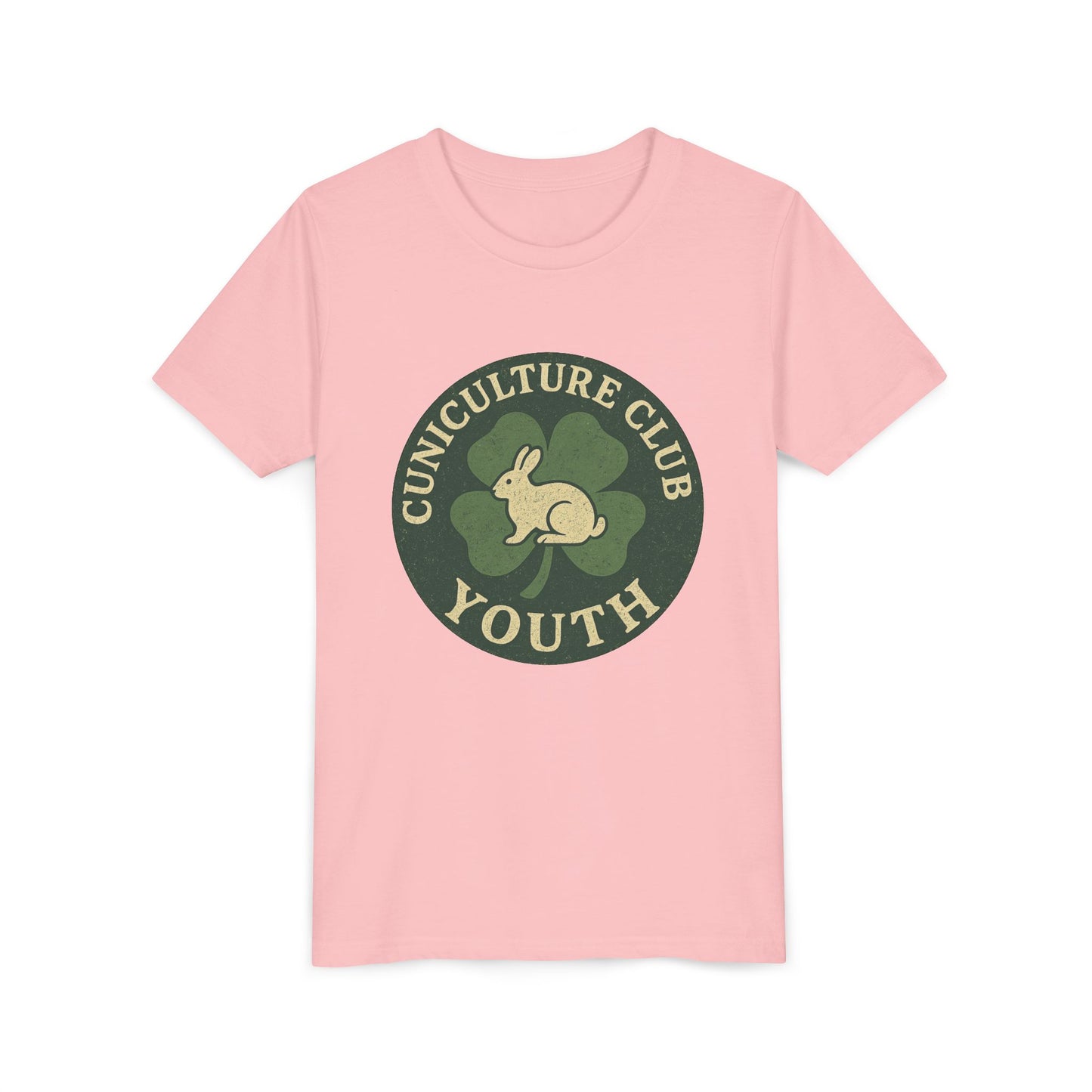 Cuniculture Club Youth Unisex T-Shirt – Distressed Clover & Bunny Emblem Tee - Fun Farm Kids Rabbit Club Shirt