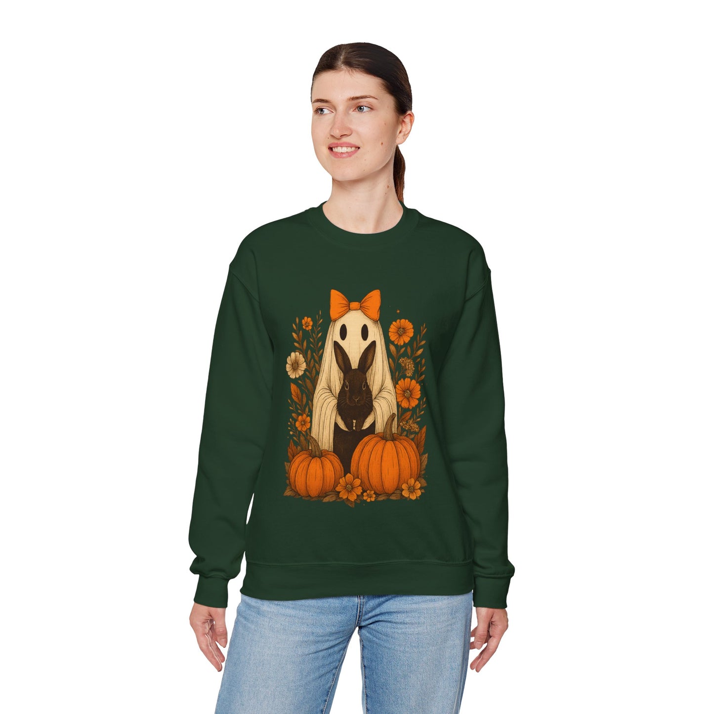 Vintage Black Rabbit with Pumpkins & Florals - Ghostly Garden Bunny Halloween Sweatshirt – Autumn Ghost Crewneck - Cozy Cute Gift