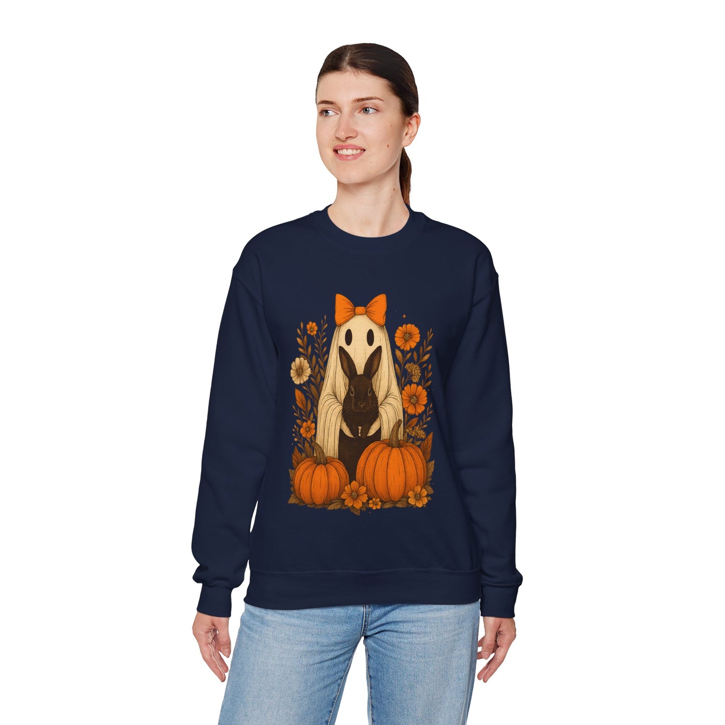Vintage Black Rabbit with Pumpkins & Florals - Ghostly Garden Bunny Halloween Sweatshirt – Autumn Ghost Crewneck - Cozy Cute Gift