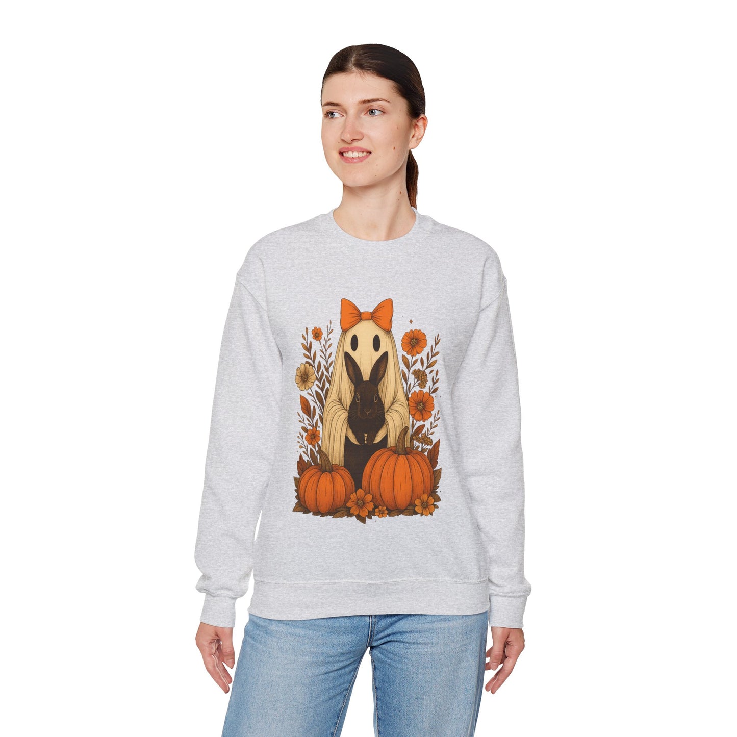 Vintage Black Rabbit with Pumpkins & Florals - Ghostly Garden Bunny Halloween Sweatshirt – Autumn Ghost Crewneck - Cozy Cute Gift