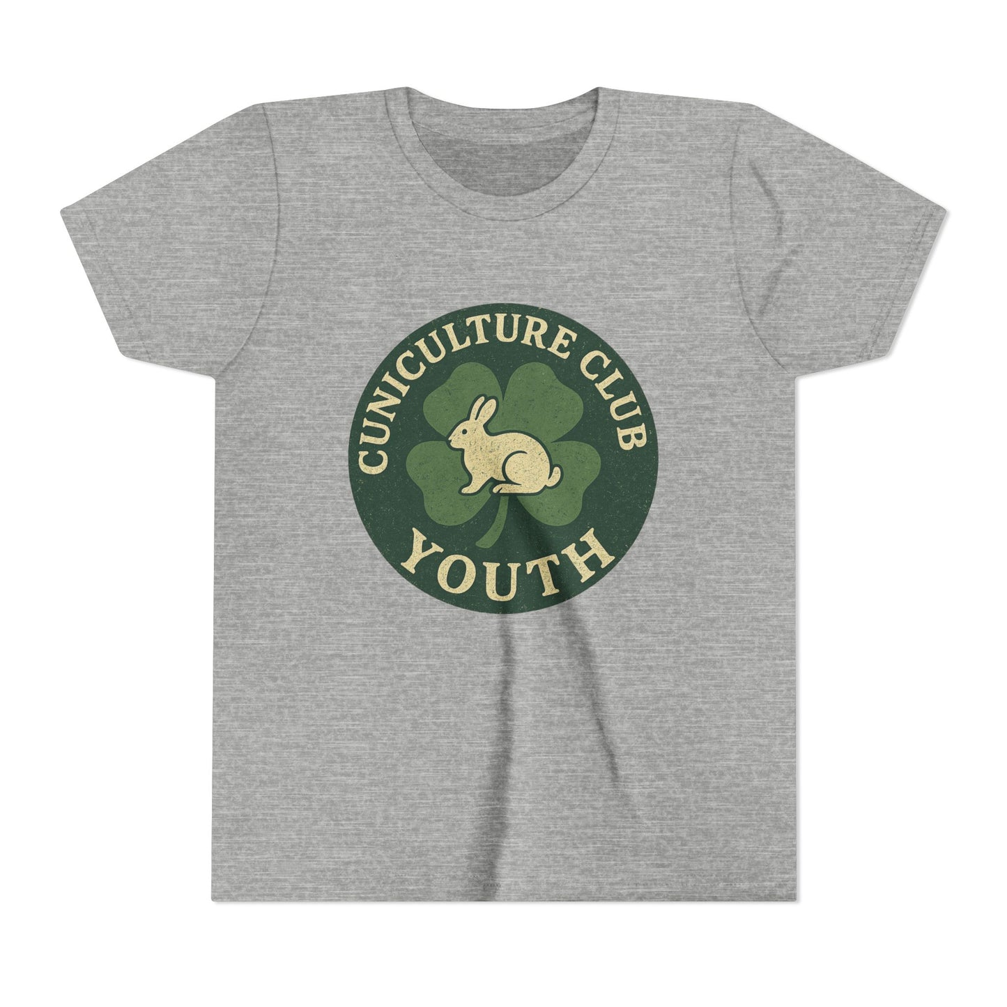 Cuniculture Club Youth Unisex T-Shirt – Distressed Clover & Bunny Emblem Tee - Fun Farm Kids Rabbit Club Shirt