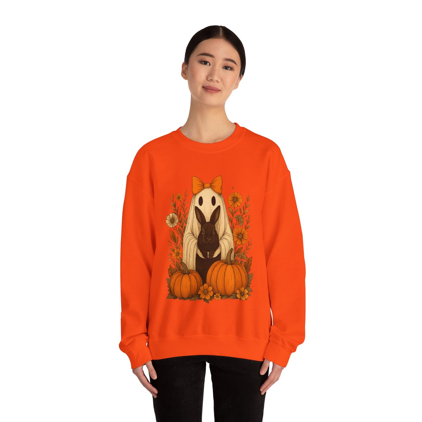 Vintage Black Rabbit with Pumpkins & Florals - Ghostly Garden Bunny Halloween Sweatshirt – Autumn Ghost Crewneck - Cozy Cute Gift