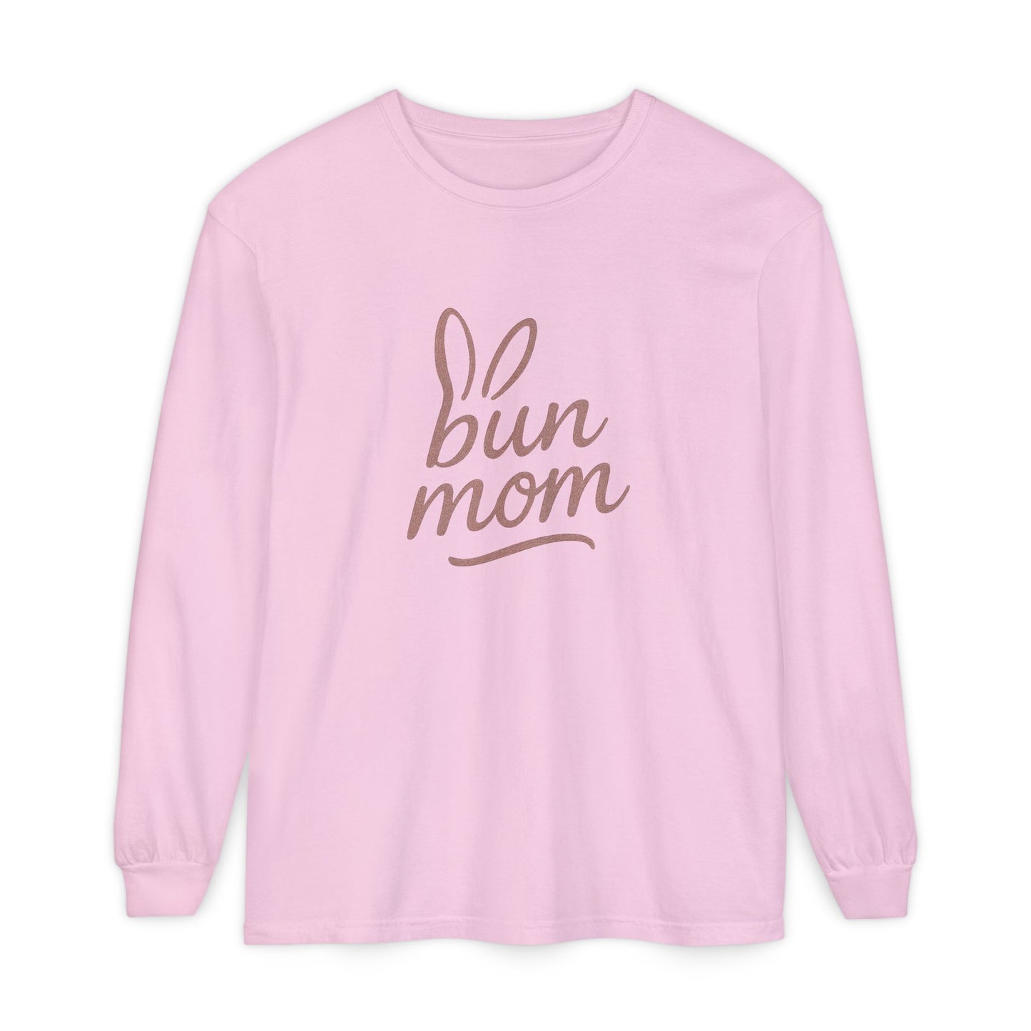 Bun Mom Long Sleeve T-Shirt | Rabbit Ears Vintage Dusty Rose Ink Script Tee - Bunny Lovers Gift Idea