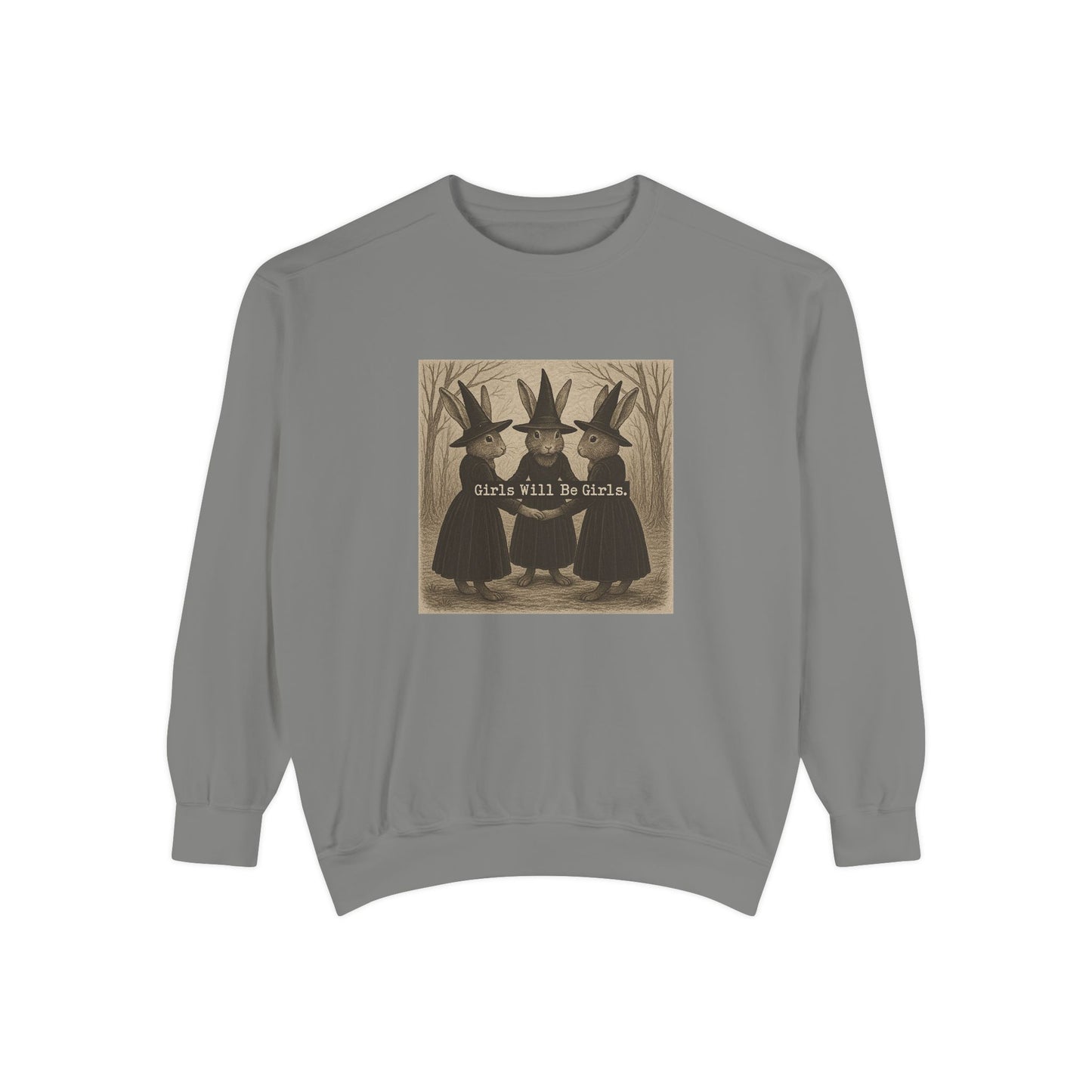 Girls Will Be Girls Rabbit Witch Circle – Garment-Dyed Bunny Sweatshirt | Halloween & Fall Collection
