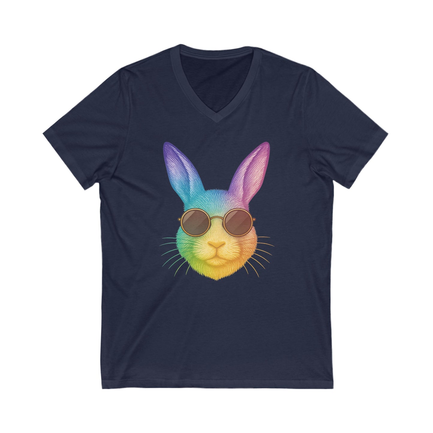 Rainbow Cool Bunny in Sunglasses V-Neck Tee – Unisex Jersey Short Sleeve Rabbit Shirt - Summer Wardrobe Essential - Trendy Graphic Tee
