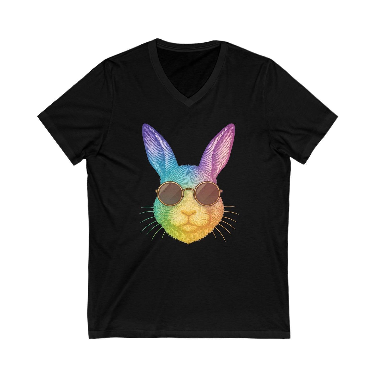 Rainbow Cool Bunny in Sunglasses V-Neck Tee – Unisex Jersey Short Sleeve Rabbit Shirt - Summer Wardrobe Essential - Trendy Graphic Tee