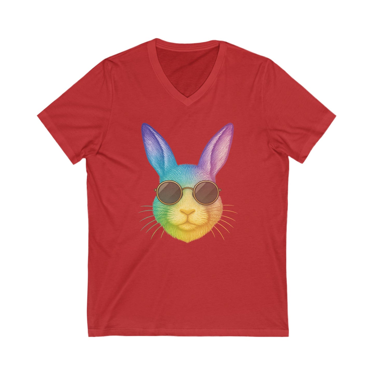 Rainbow Cool Bunny in Sunglasses V-Neck Tee – Unisex Jersey Short Sleeve Rabbit Shirt - Summer Wardrobe Essential - Trendy Graphic Tee