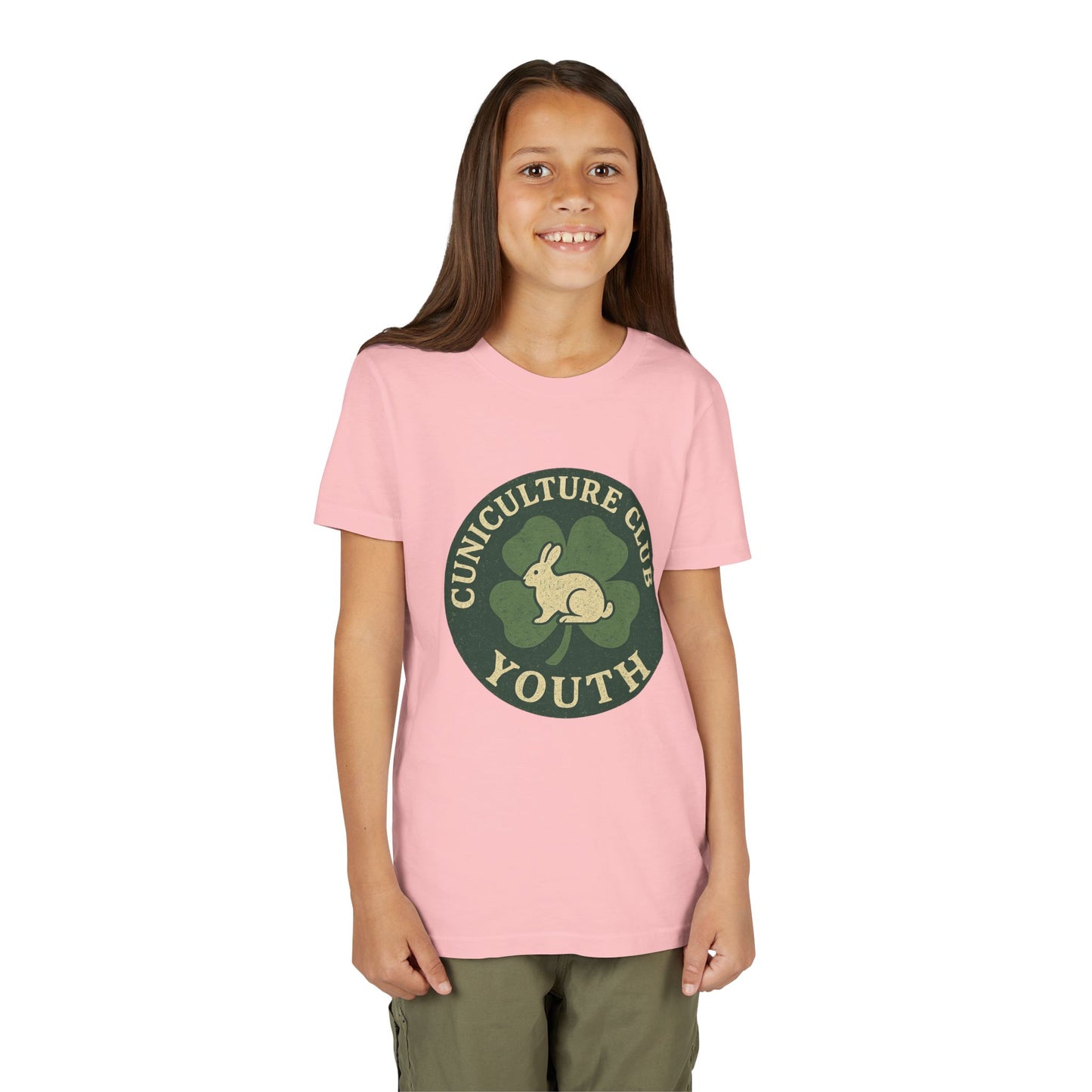 Cuniculture Club Youth Unisex T-Shirt – Distressed Clover & Bunny Emblem Tee - Fun Farm Kids Rabbit Club Shirt