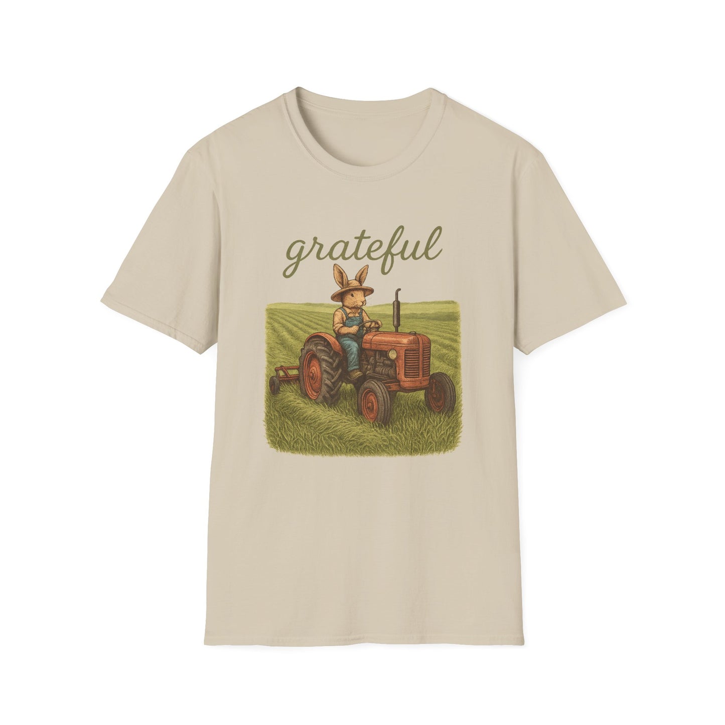 Grateful Acres Tractor Bunny Tee - Unisex Softstyle T-Shirt - Country Apparel - Farm Life Tee - Gift for Farmers & Rabbit Owners