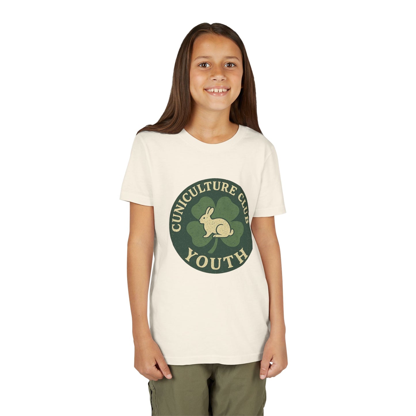 Cuniculture Club Youth Unisex T-Shirt – Distressed Clover & Bunny Emblem Tee - Fun Farm Kids Rabbit Club Shirt