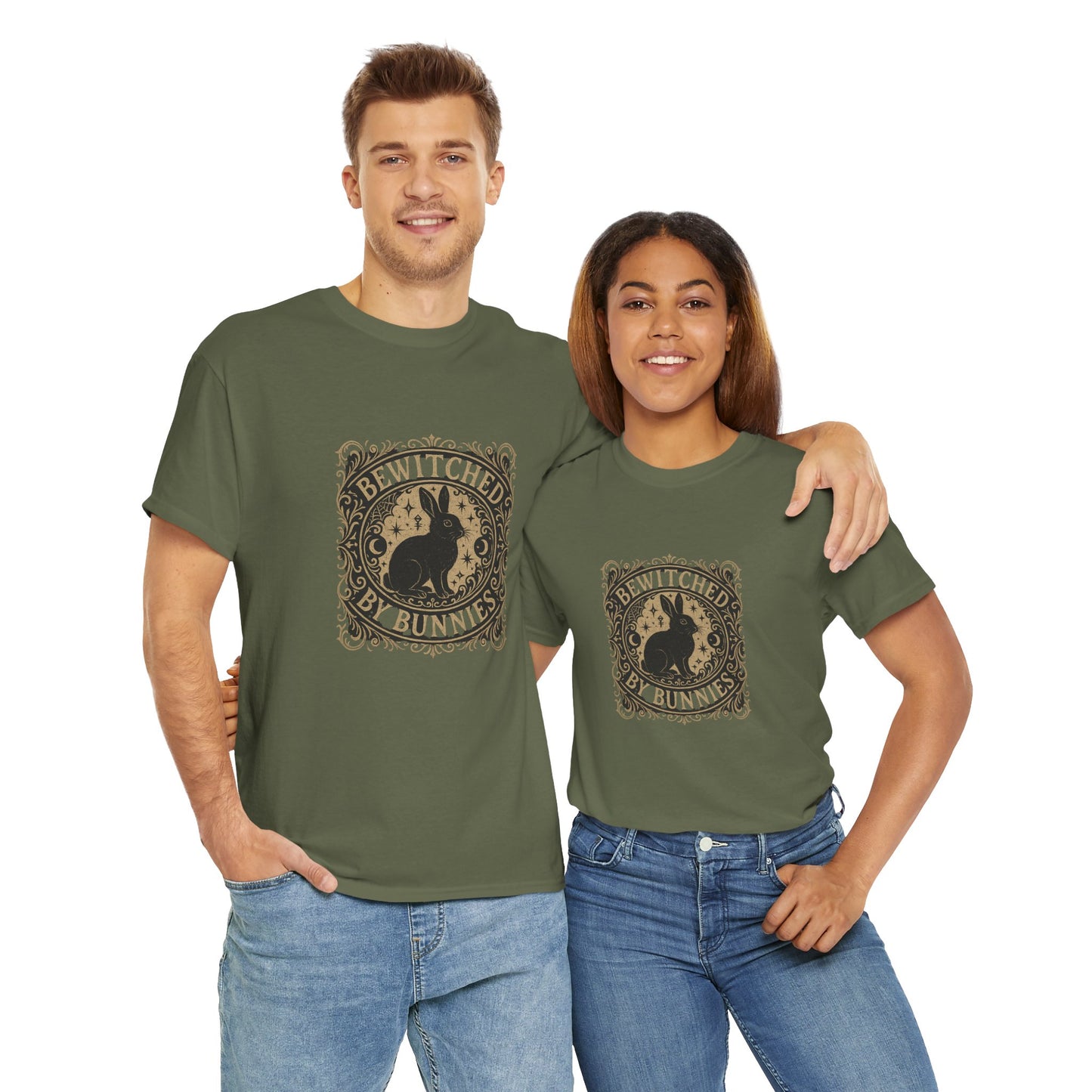 Bewitched by Bunnies Unisex Heavy Cotton T-Shirt – Enchanted Rabbit Halloween & Fall Graphic Tee | Bunny Lovers Gift