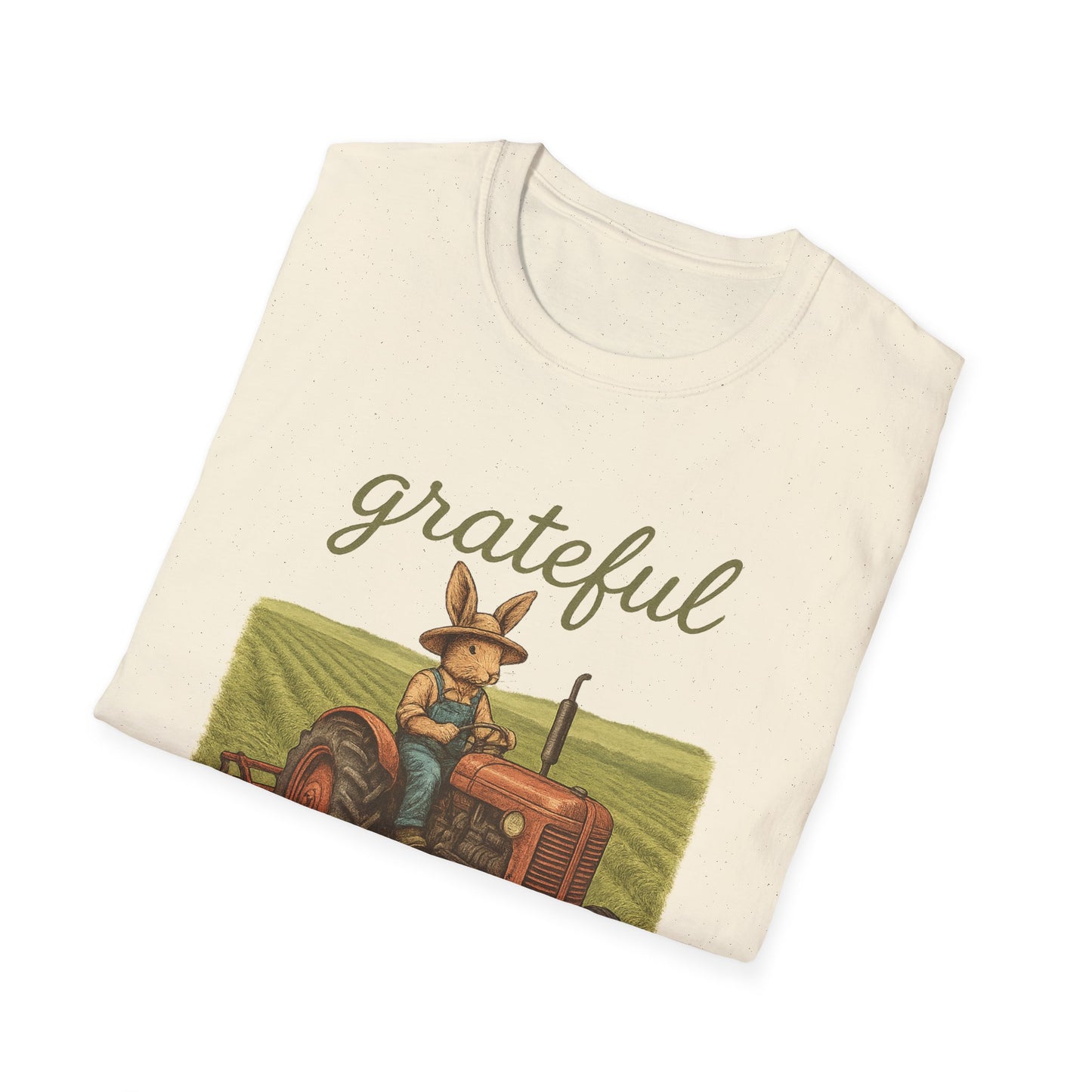 Grateful Acres Tractor Bunny Tee - Unisex Softstyle T-Shirt - Country Apparel - Farm Life Tee - Gift for Farmers & Rabbit Owners