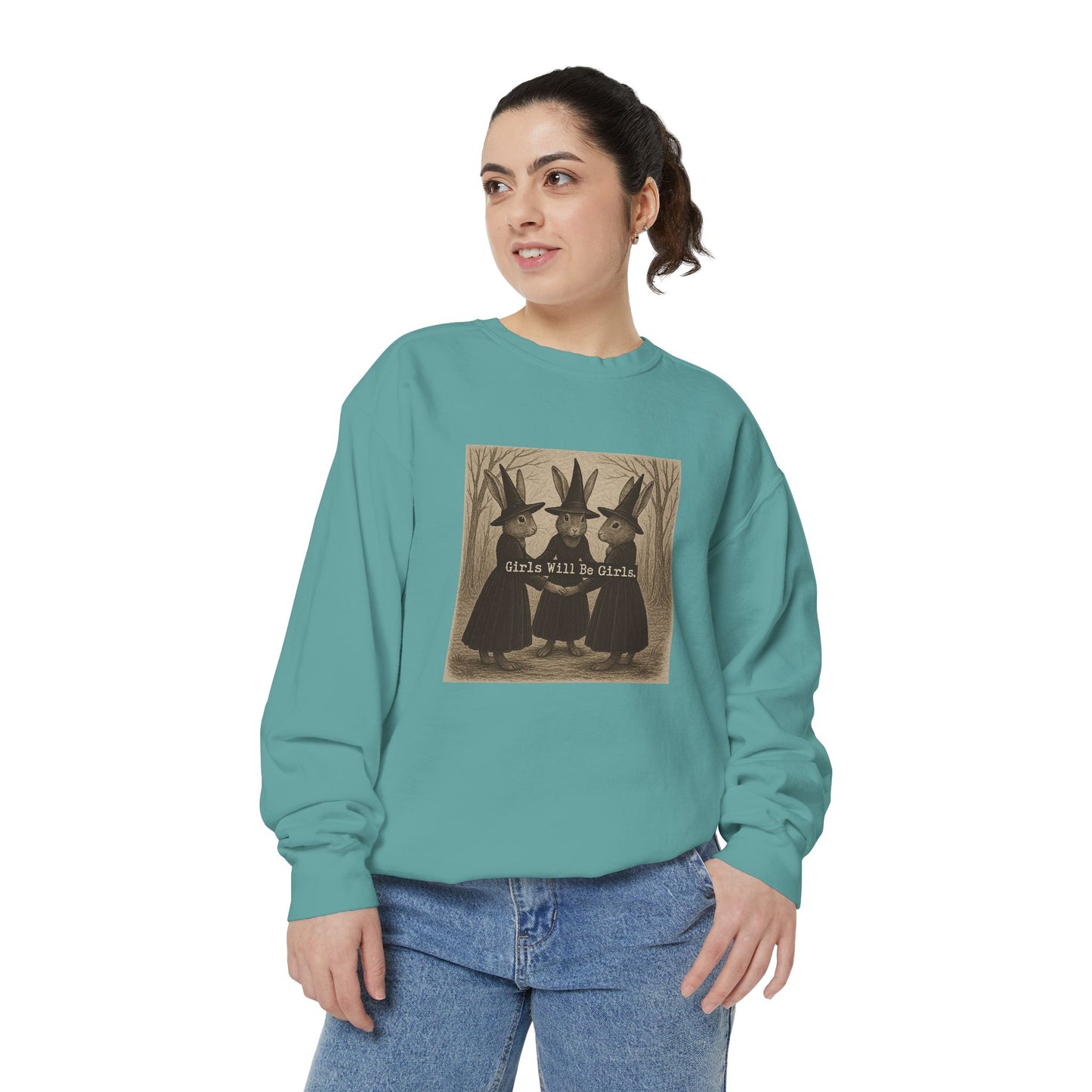 Girls Will Be Girls Rabbit Witch Circle – Garment-Dyed Bunny Sweatshirt | Halloween & Fall Collection