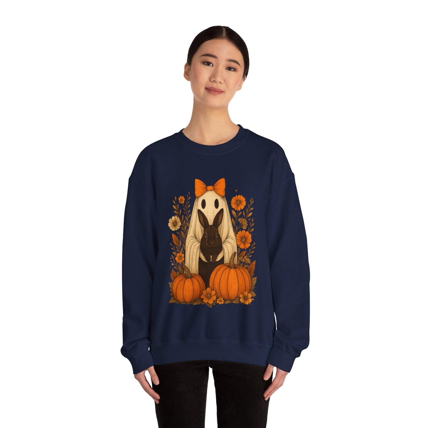 Vintage Black Rabbit with Pumpkins & Florals - Ghostly Garden Bunny Halloween Sweatshirt – Autumn Ghost Crewneck - Cozy Cute Gift