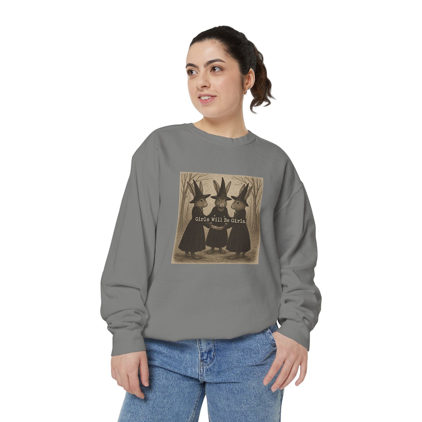Girls Will Be Girls Rabbit Witch Circle – Garment-Dyed Bunny Sweatshirt | Halloween & Fall Collection